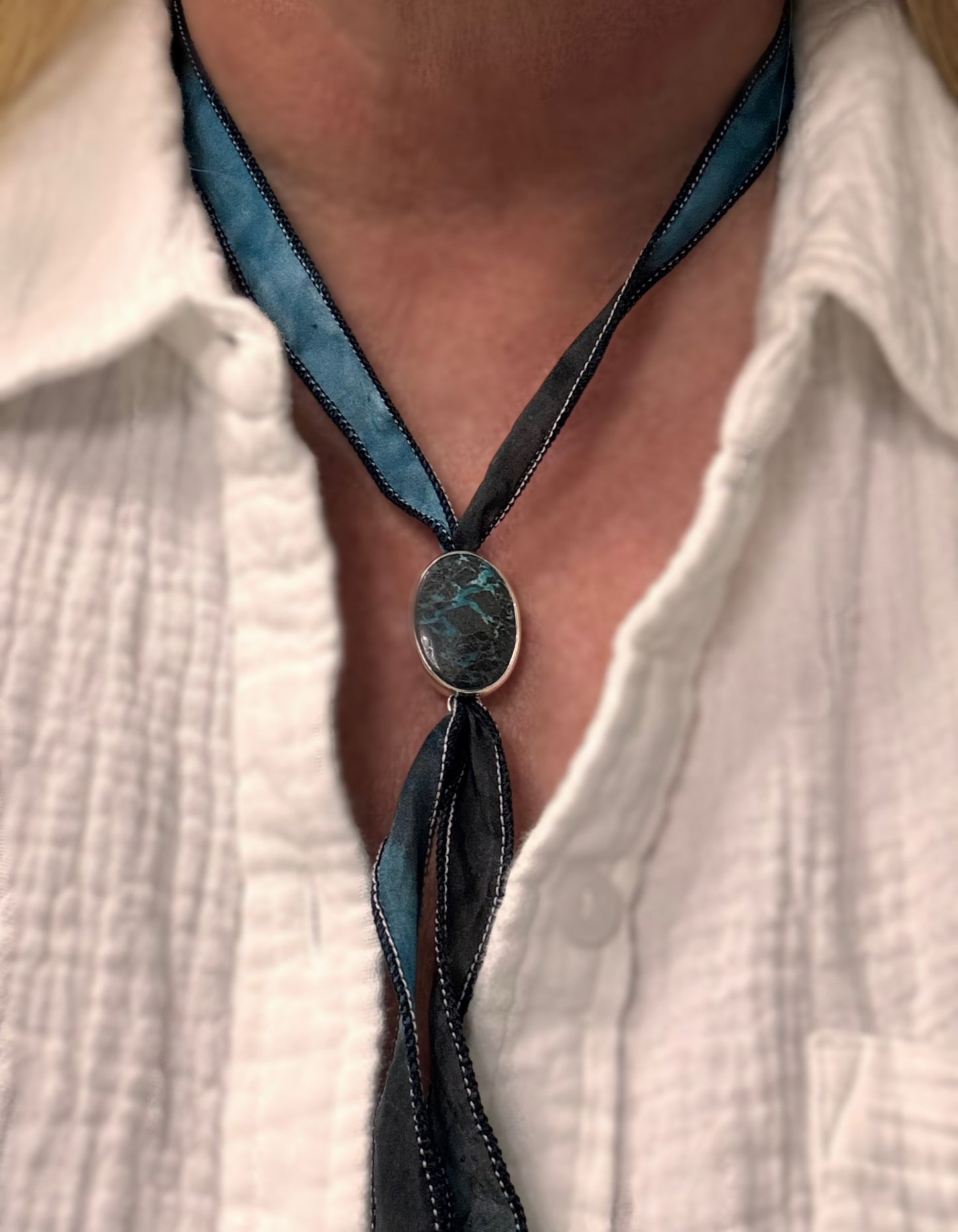 Handmade White Buffalo Turquoise Silk Wrap | Sterling Silver, Multiway Jewelry