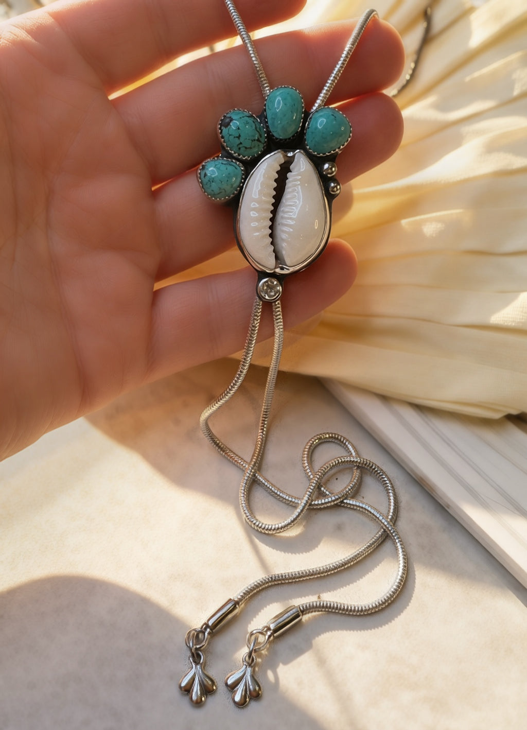 Turquoise, Cowrie Shell and Topaz Bolo | Sterling Silver Statement Bolo Necklace