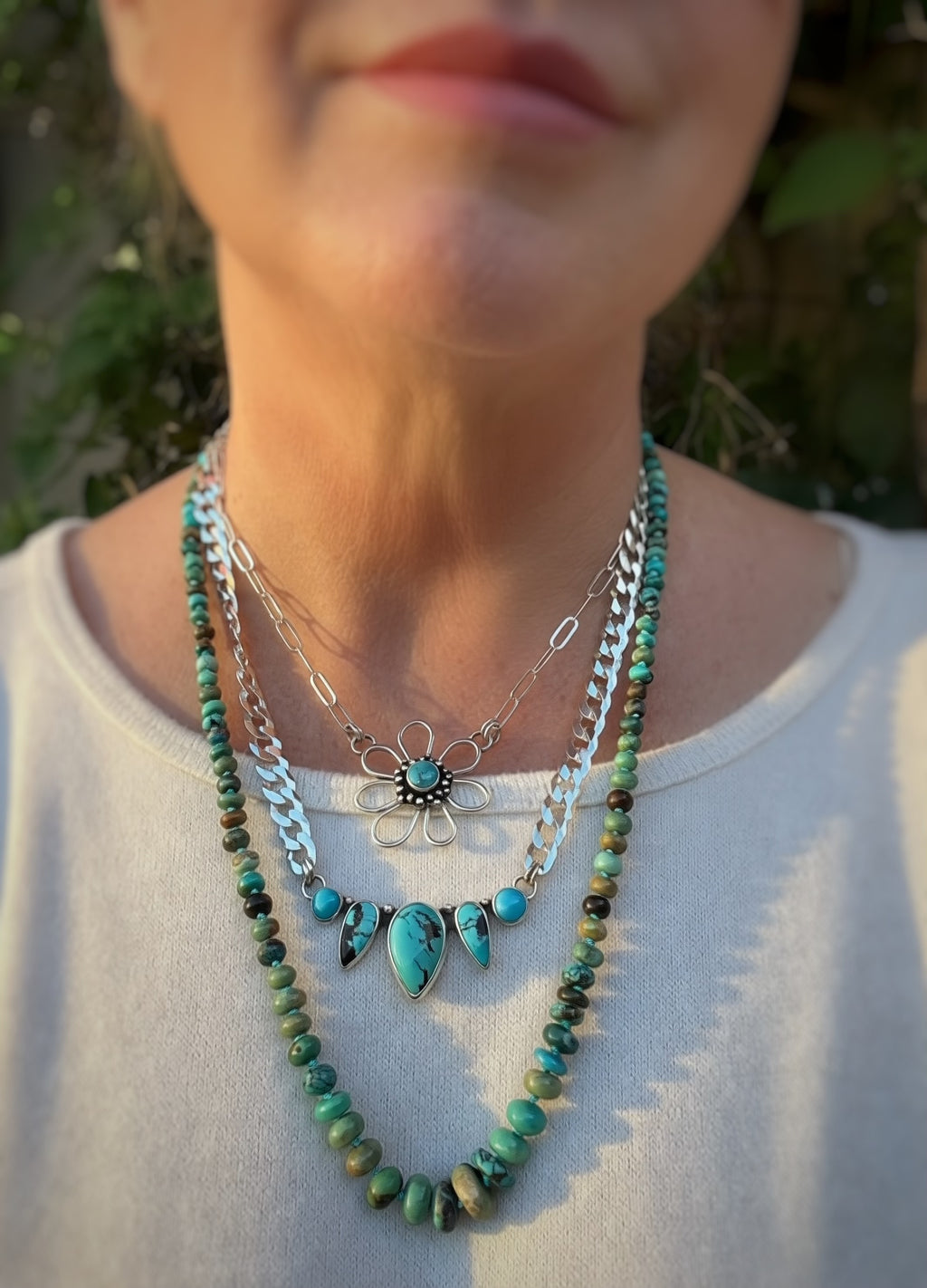 Graduated turquoise bead necklace on hand dyed silk thread, 22.75 inches, one of a kind - worn with other silver necklaces as a stack.