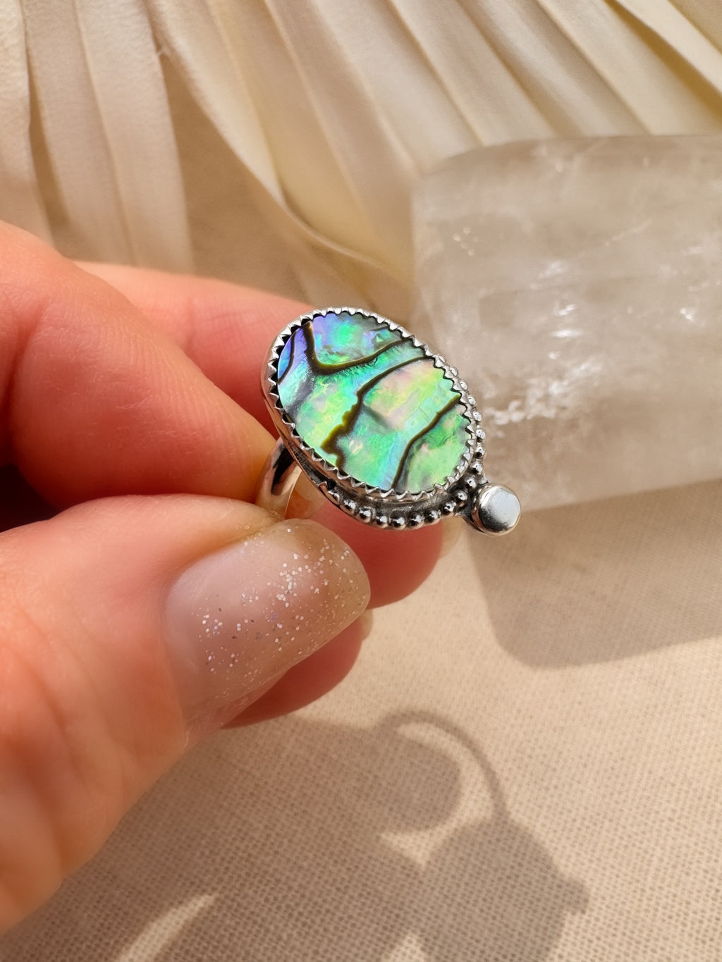 Abalone shell ring in sterling silver with bypass shank, size 8