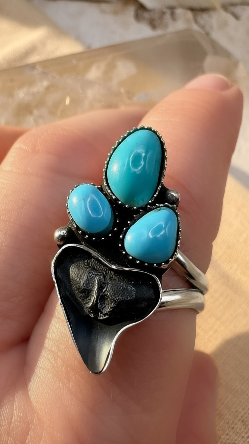 Shark Tooth Ring with Sleeping Beauty Turquoise | Sterling Silver Statement Ring