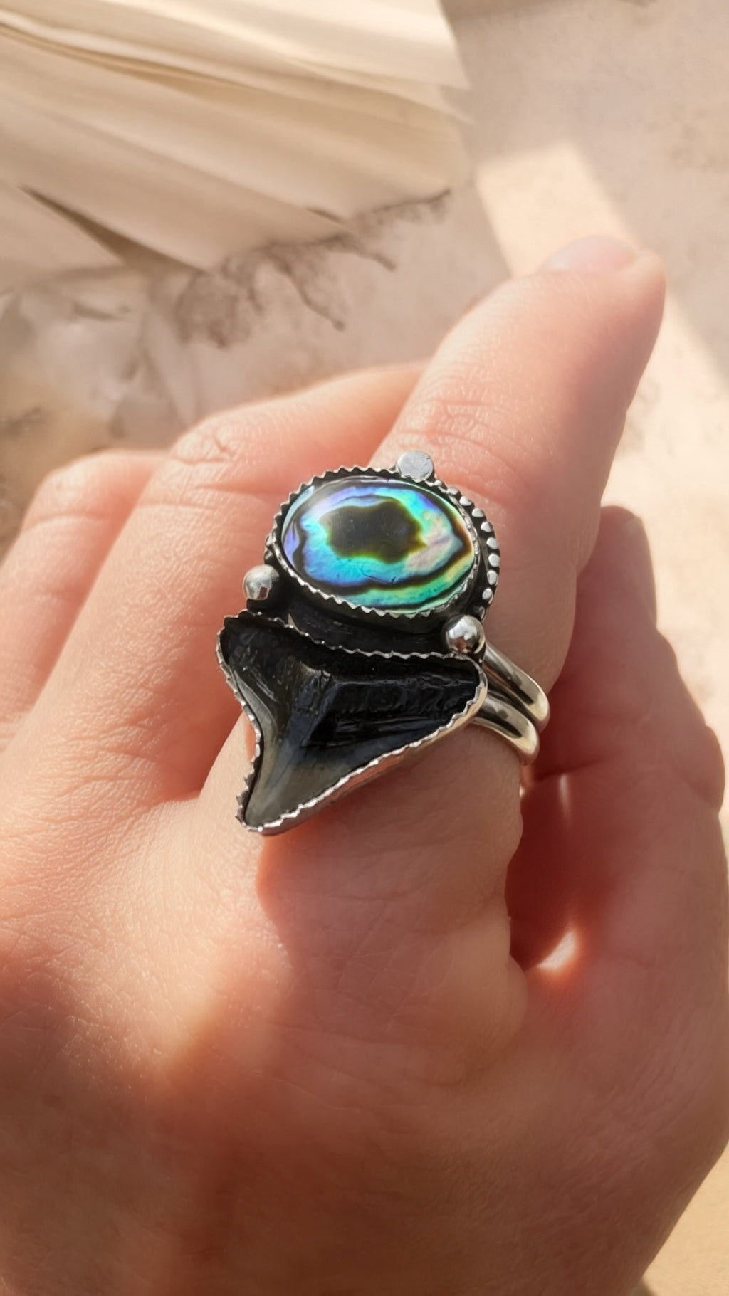 Abalone and Fossil Shark Tooth Statement Ring in Sterling Silver