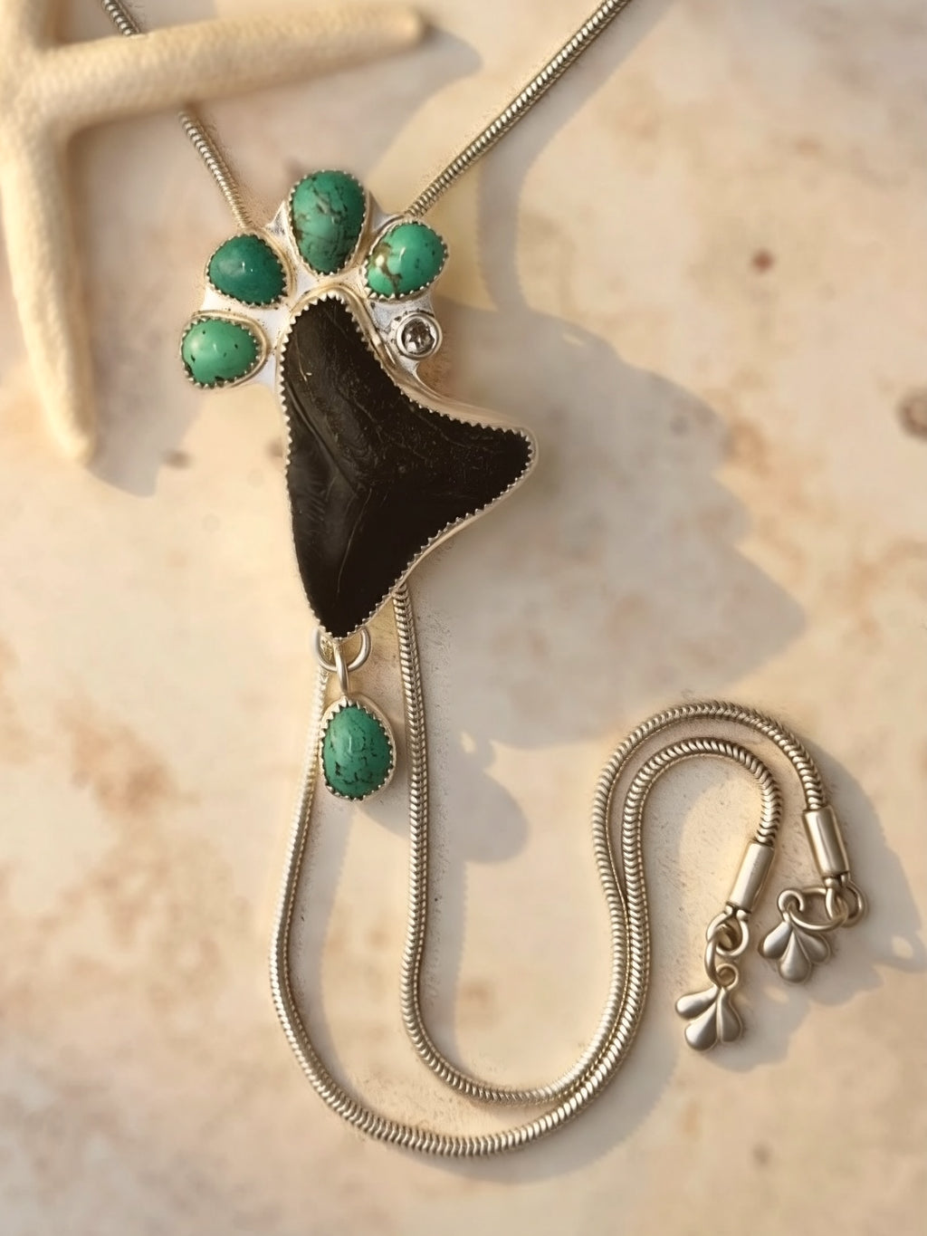 Megalodon Tooth, Turquoise & Topaz Bolo Necklace (One of a Kind) | Sterling and Fine Silver Statement Necklace | Abysskeeper