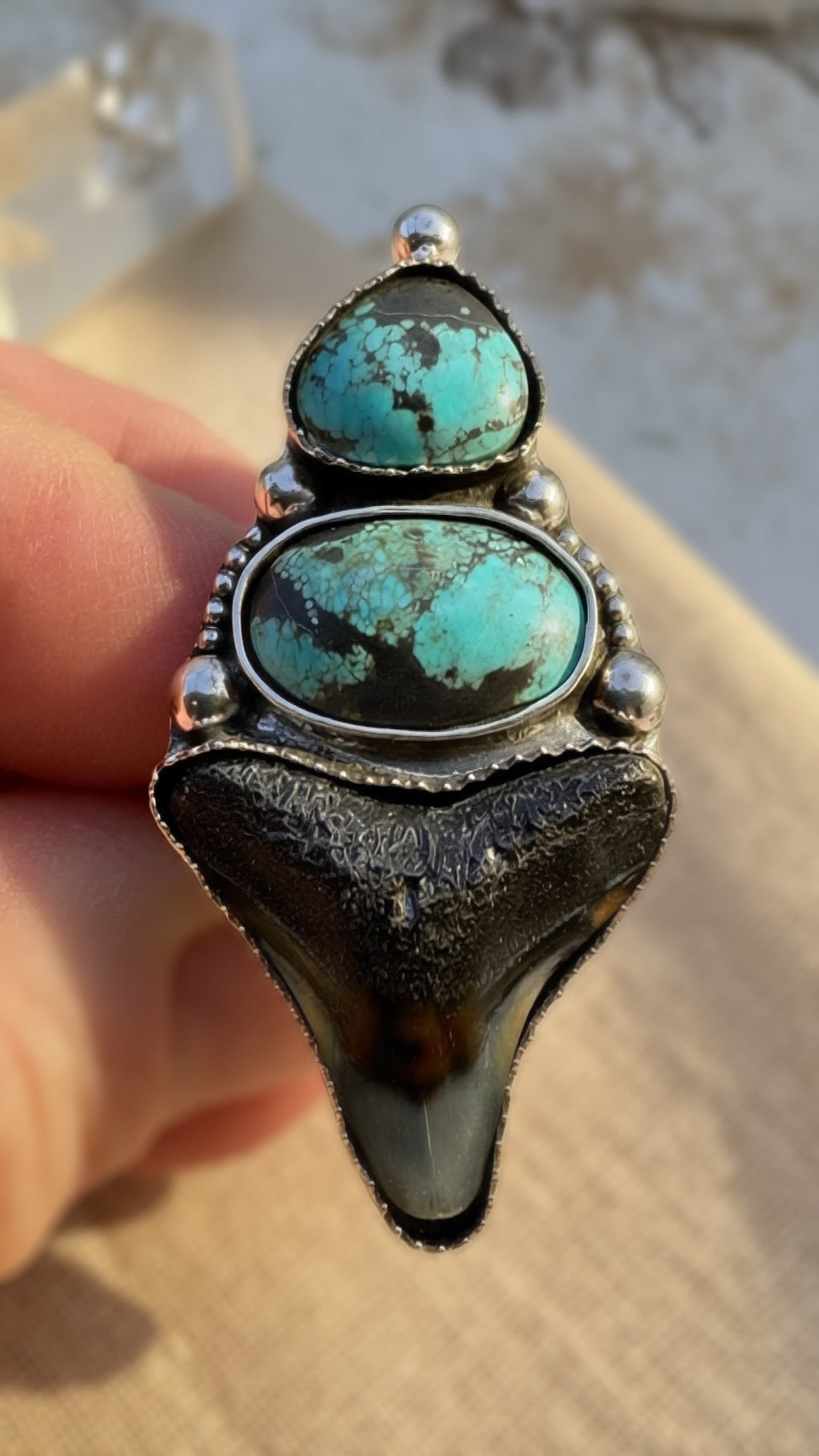Fox Turquoise & Fossil Shark Tooth Ring | Handmade Silver Statement Ring
