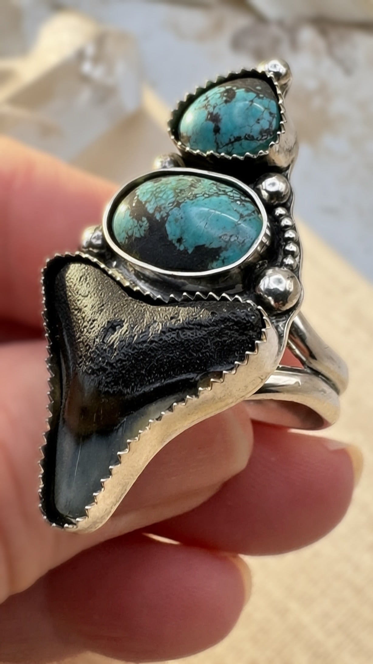 Fox Turquoise & Fossil Shark Tooth Ring | Handmade Silver Statement Ring