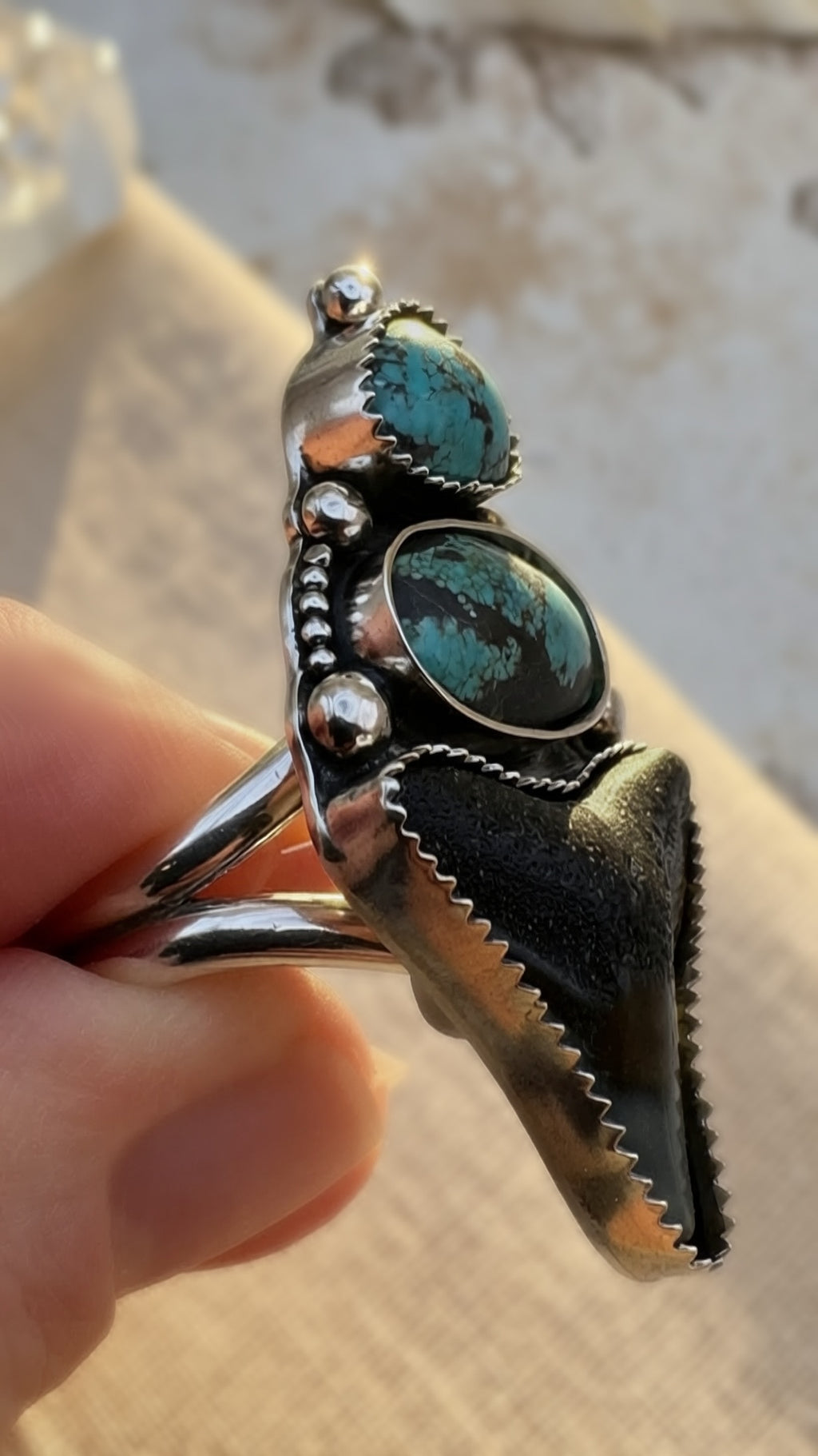 Fox Turquoise & Fossil Shark Tooth Ring | Handmade Silver Statement Ring