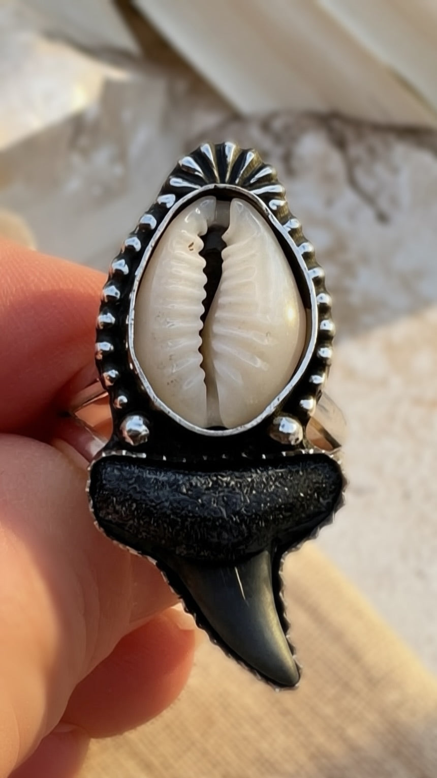Cowrie and Fossil Shark Tooth Ring | Sterling Silver Ring | Finished to Size
