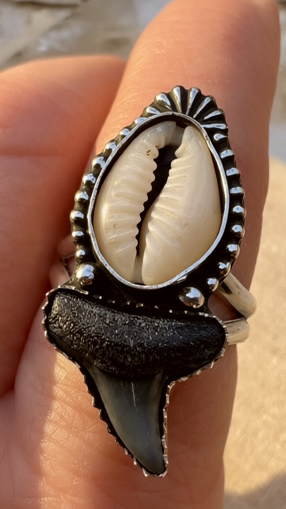 Cowrie and Fossil Shark Tooth Ring | Sterling Silver Ring | Finished to Size
