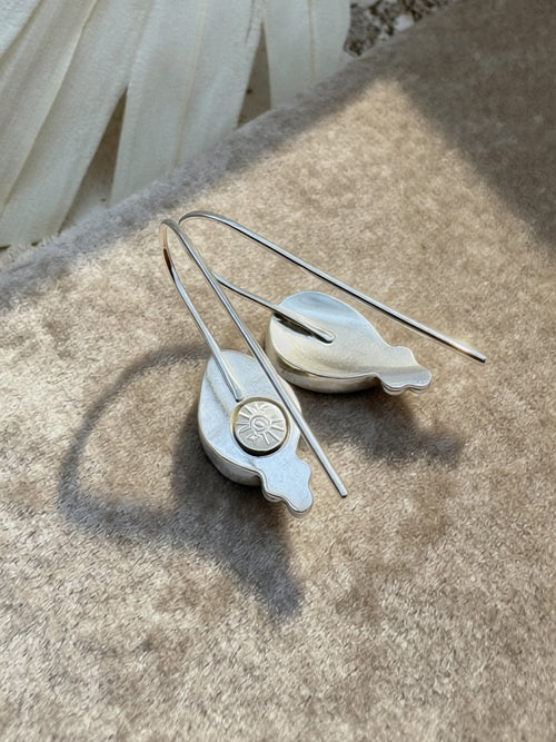 Asymmetrical hand-fabricated sterling silver earrings with natural abalone cabochon in serrated bezel setting and silver granule detail, Sun Salt Silver
