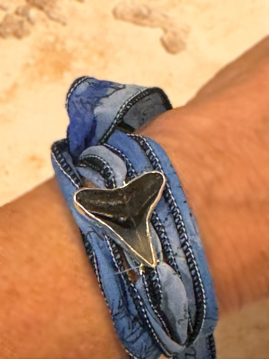 Fossil Shark Tooth Silk Wrap Bracelet | Fine Silver | Tide Relic Jewelry | Ocean Inspired