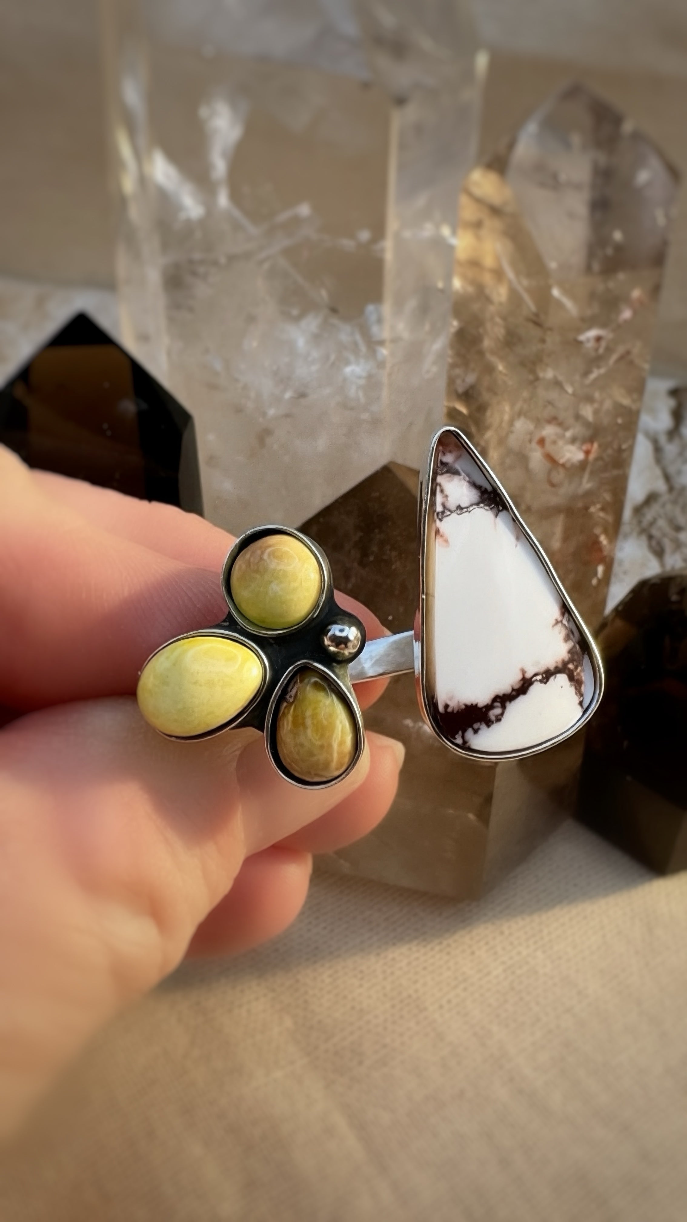 White Horse ring with Palomino variscite cluster stones in sterling silver, handmade Sun Salt Silver ring