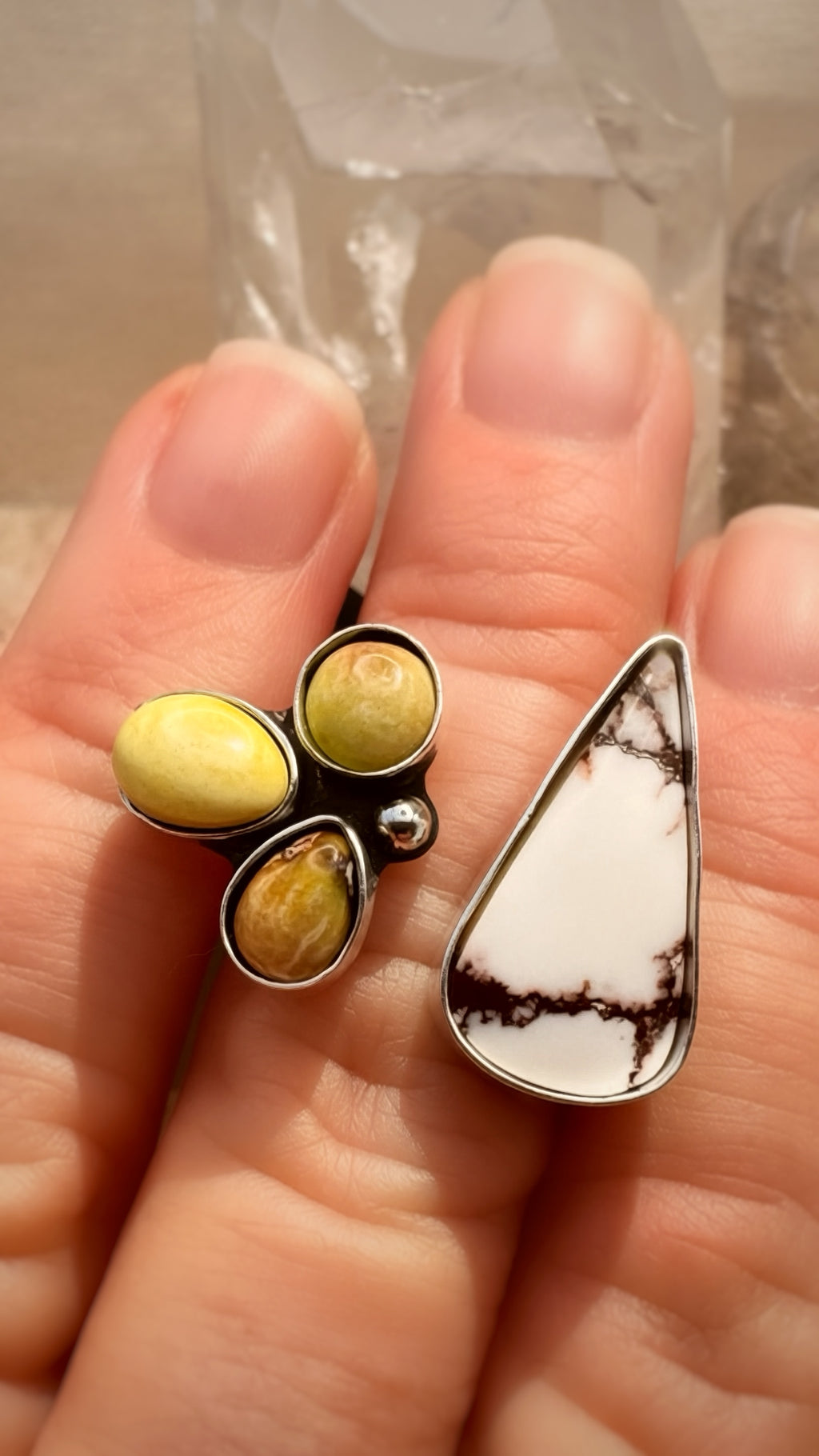 White Horse and Palomino variscite cluster ring in sterling silver, handcrafted Sun Salt Silver statement ring