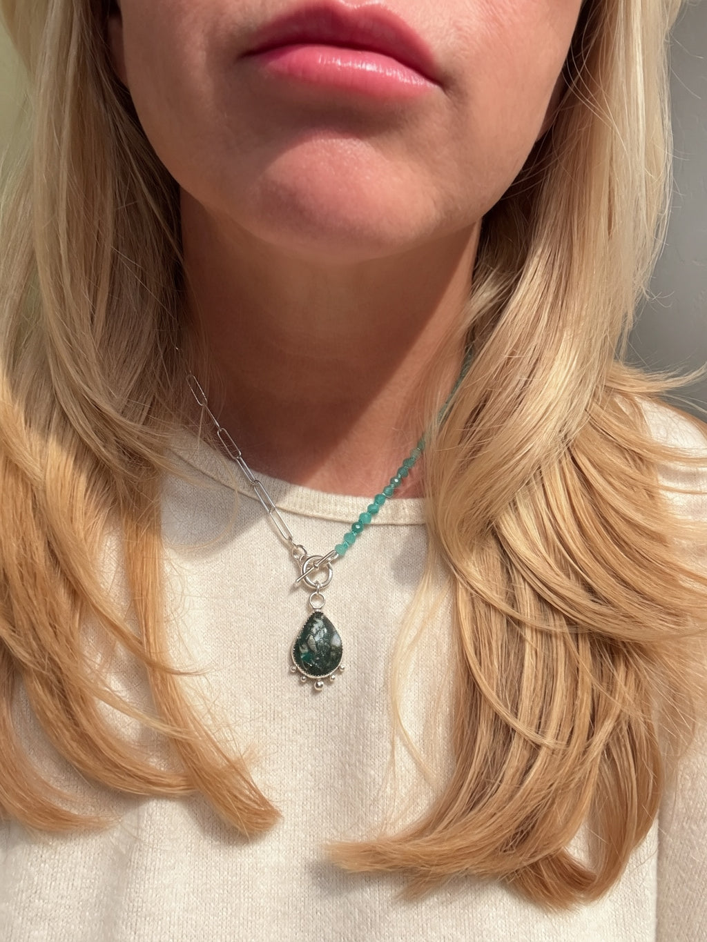 Handmade sterling silver pyrite-flecked turquoise pendant necklace with faceted seafoam rondelles on hand-knotted teal silk and paperclip chain, Sun Salt Silver Caye collection