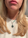 Handmade sterling silver pyrite-flecked turquoise pendant necklace with faceted seafoam rondelles on hand-knotted teal silk and paperclip chain, Sun Salt Silver Caye collection