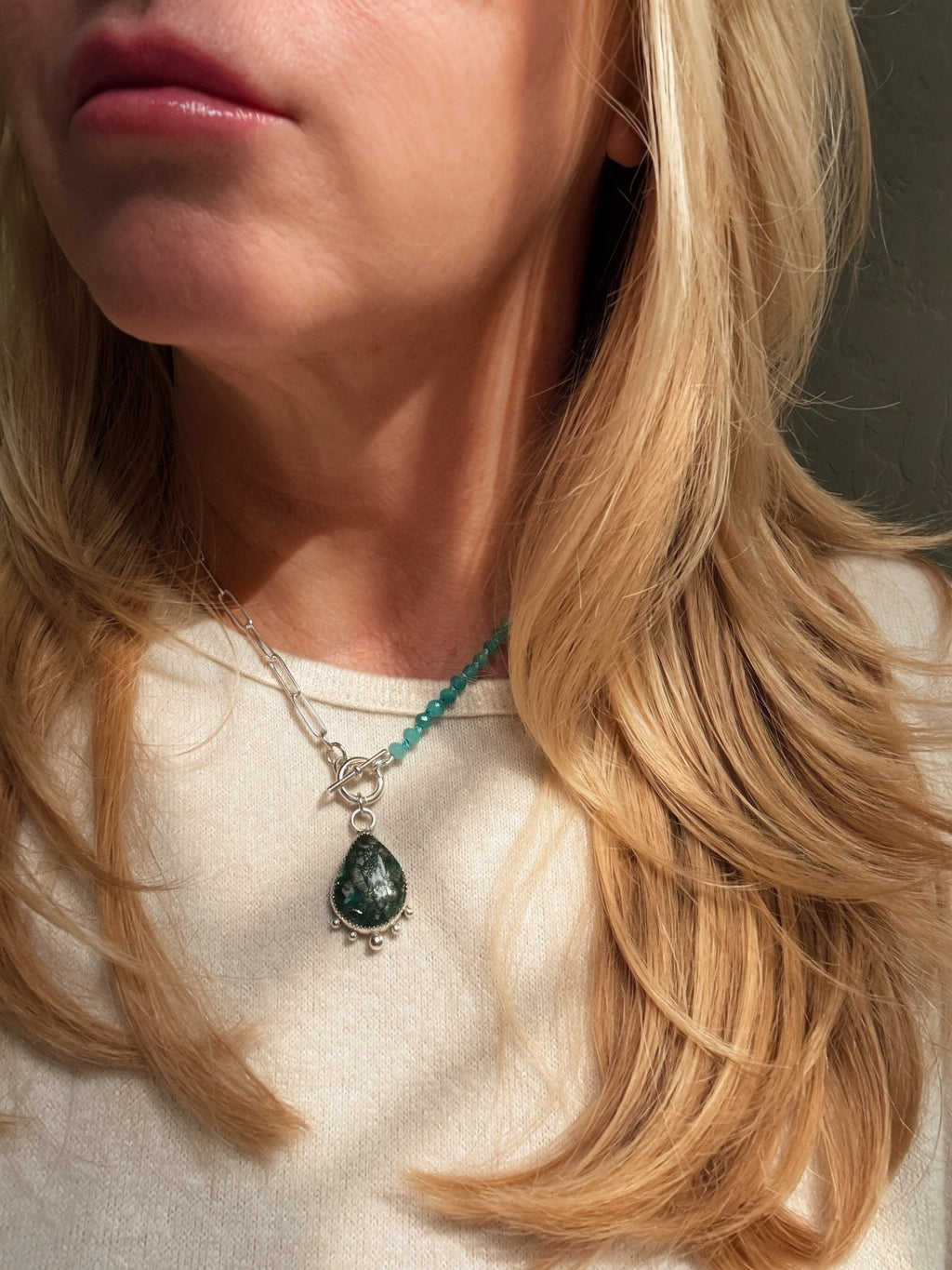 Handmade sterling silver pyrite-flecked turquoise pendant necklace with faceted seafoam rondelles on hand-knotted teal silk and paperclip chain, Sun Salt Silver Caye collection