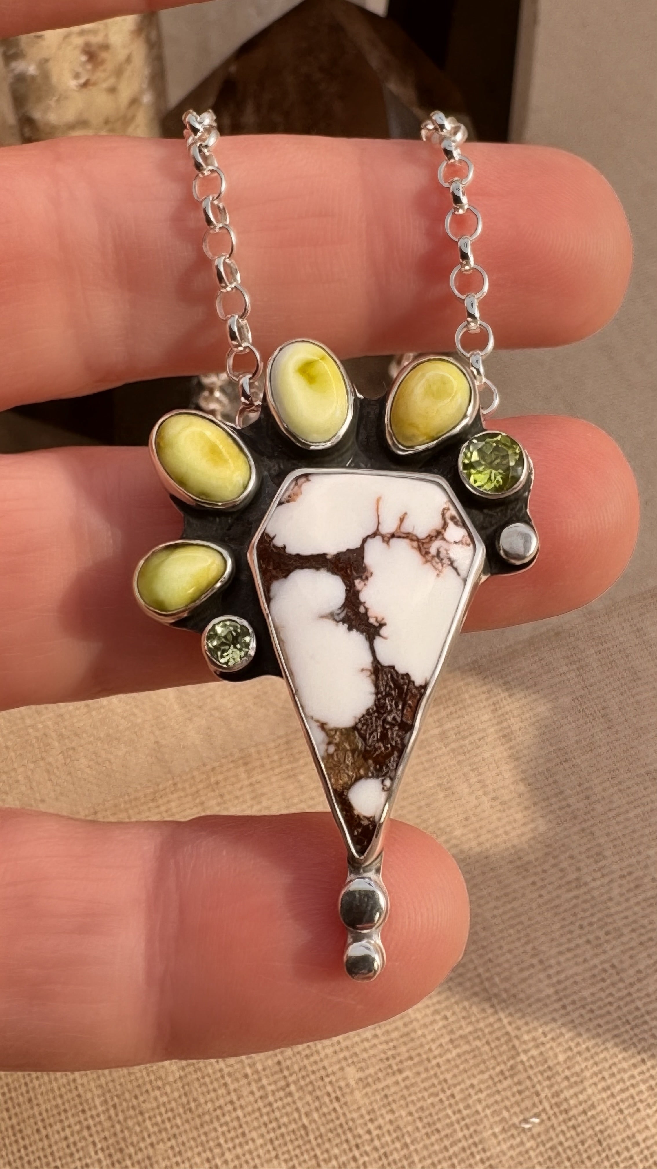 Wild horse and variscite pendant in sterling silver with peridot accents, handcrafted one-of-a-kind necklace.