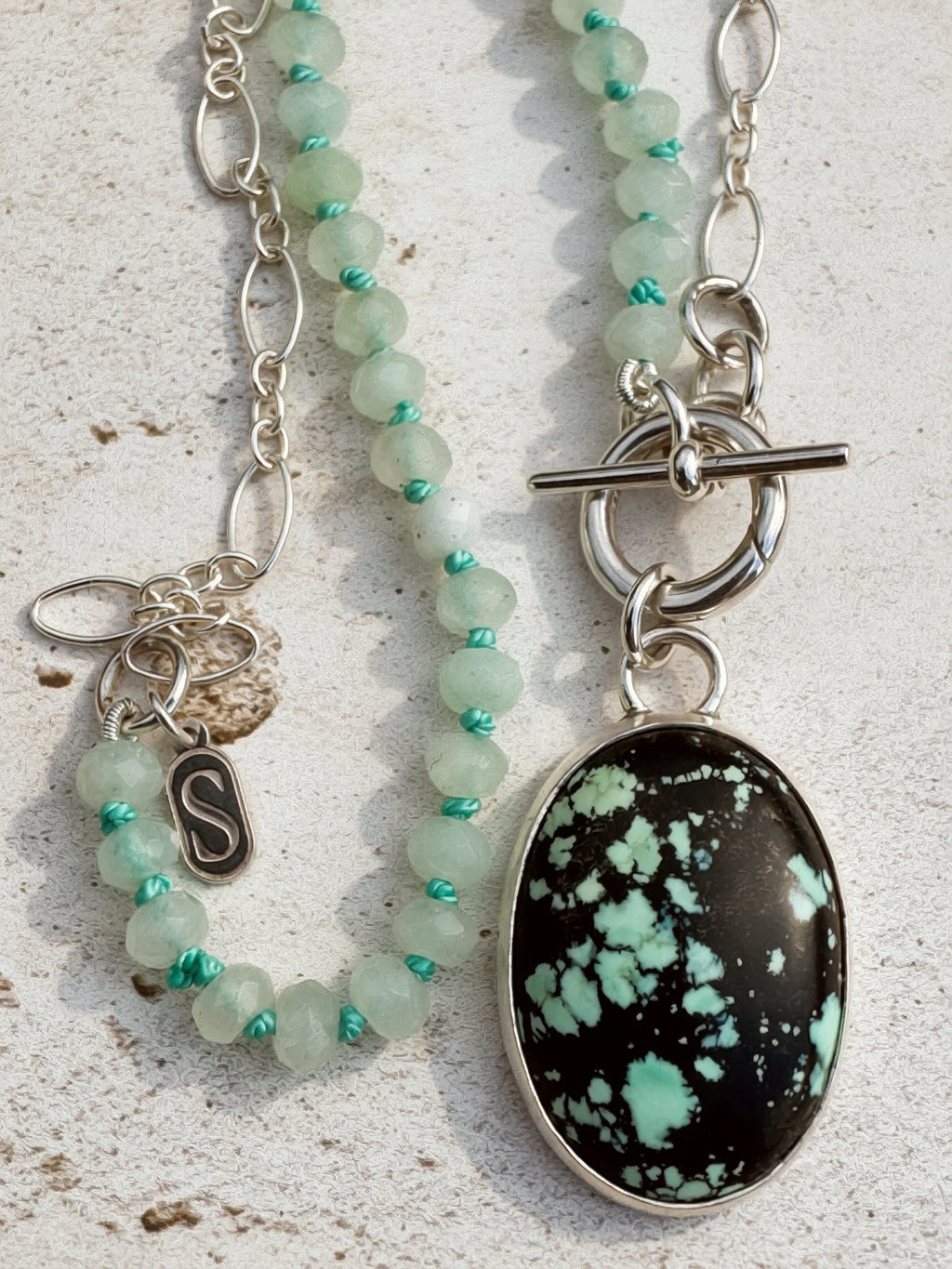 Handmade sterling silver Carico Lake Variscite charm keeper toggle necklace with hand-knotted seafoam rondelles and oval link chain, Sun Salt Silver Caye collection