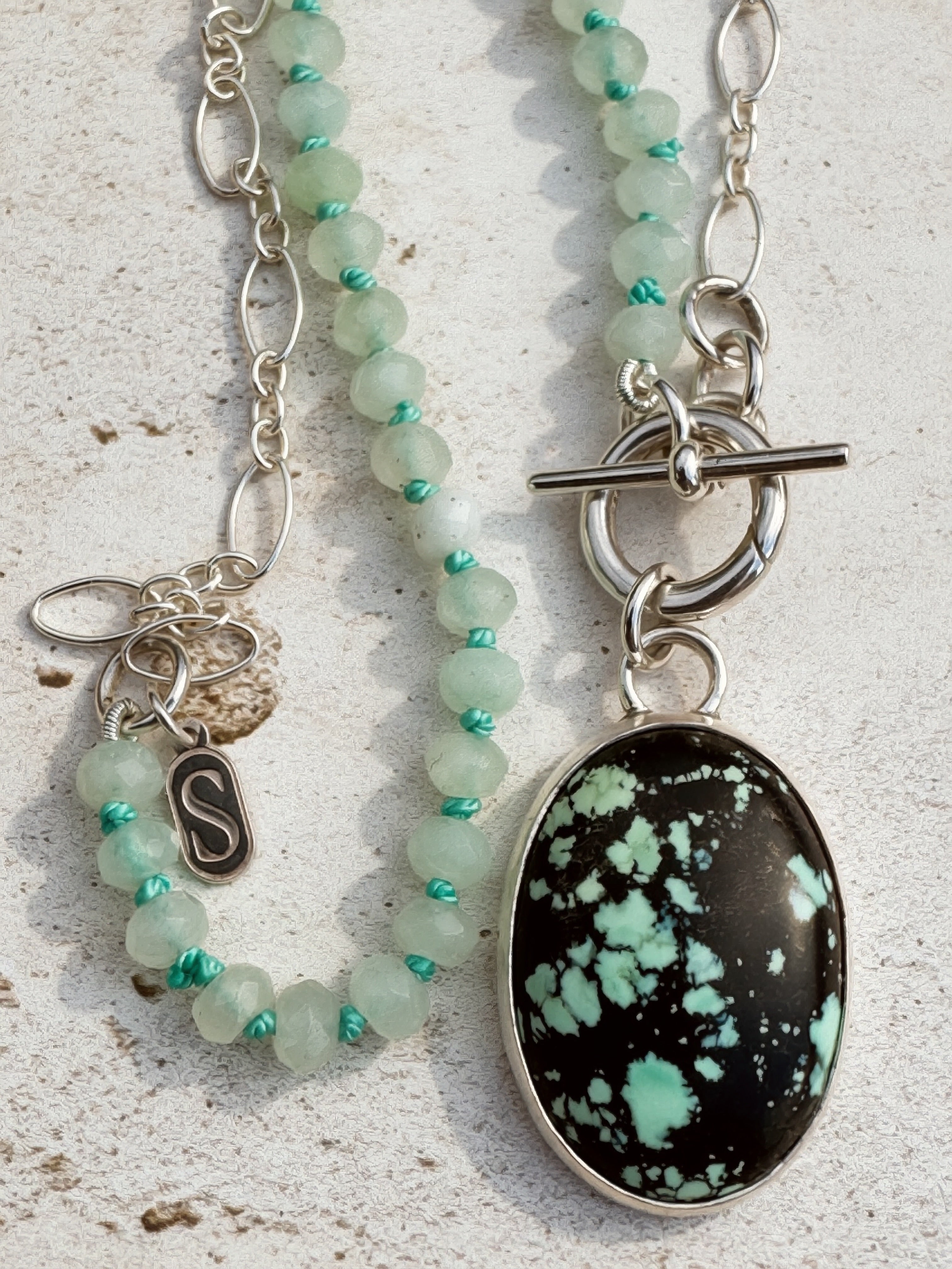 Handmade sterling silver Carico Lake Variscite charm keeper toggle necklace with hand-knotted seafoam rondelles and oval link chain, Sun Salt Silver Caye collection