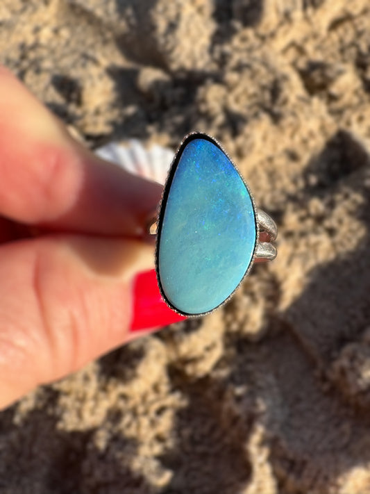Solace Australian Opal Doublet Ring | Large Sterling Silver Customizable Jewelry | Handcrafted Minimalist Statement Ring or Pendant