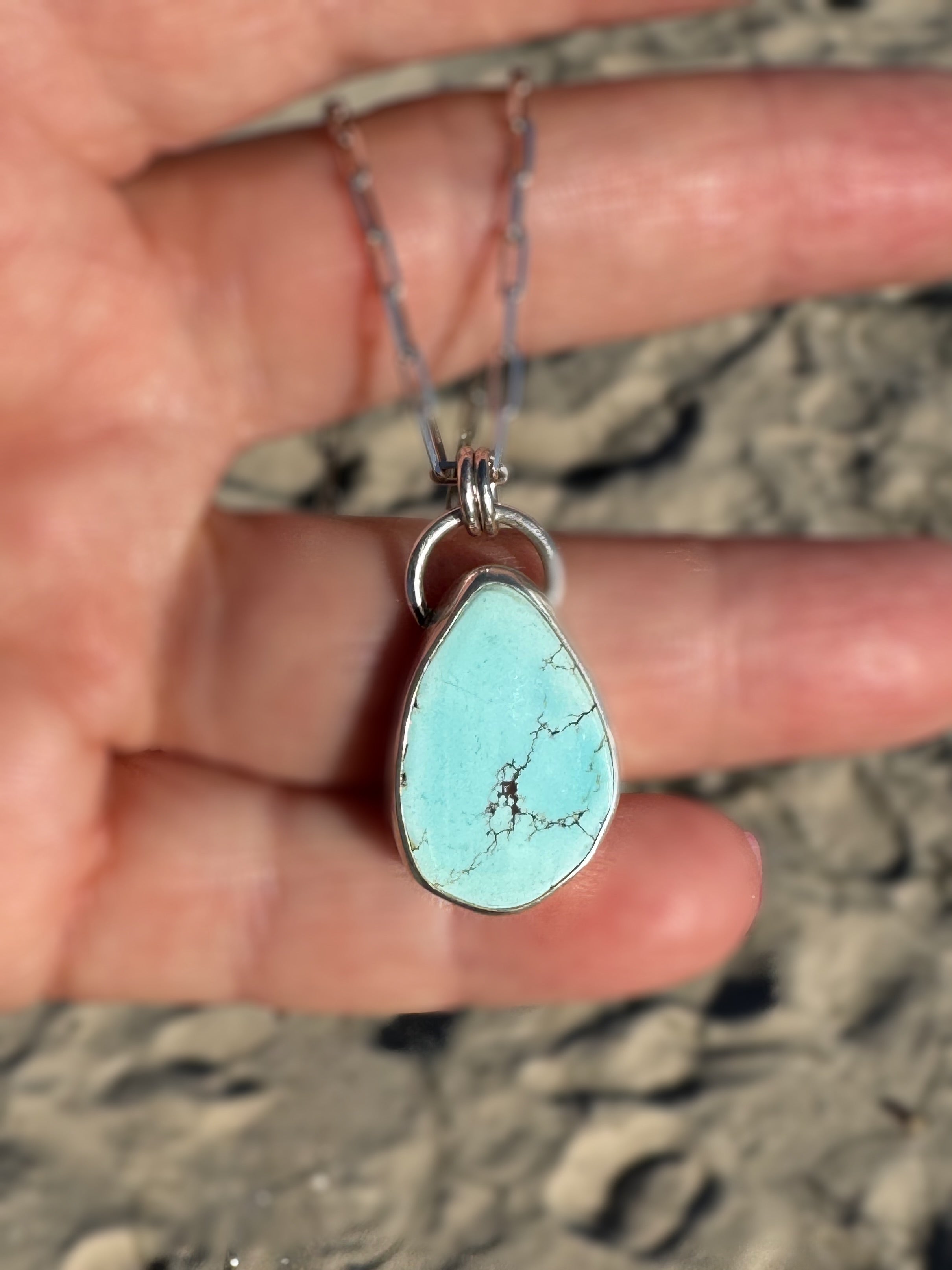 Golden Hills Turquoise Amulet – Fine & Sterling Silver on 18” Sterling Paperclip Chain