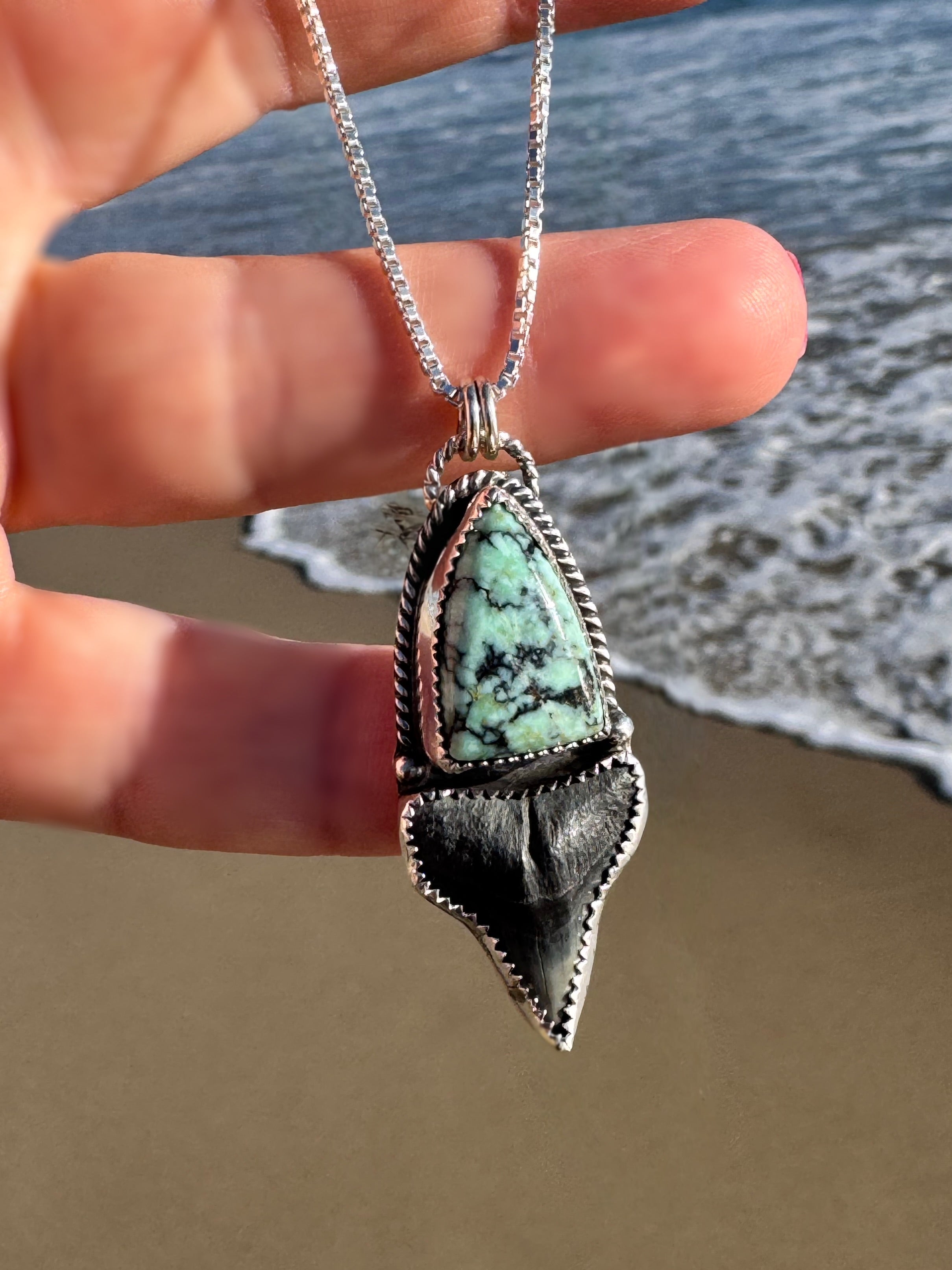 Turquoise & Shark Tooth | Ocean-Souled Talisman | Sterling + Fine Silver | 20” Box Chain