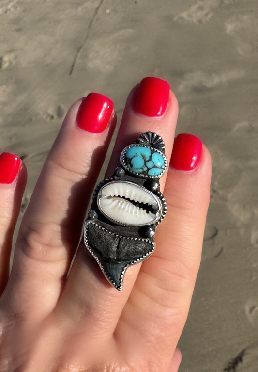 Original Shark Tooth, Rare Bisbee Turquoise & Cowrie Shell Statement Ring | Goddess Ring | Sterling Ring | Coastal Talisman | Size 7 3/4
