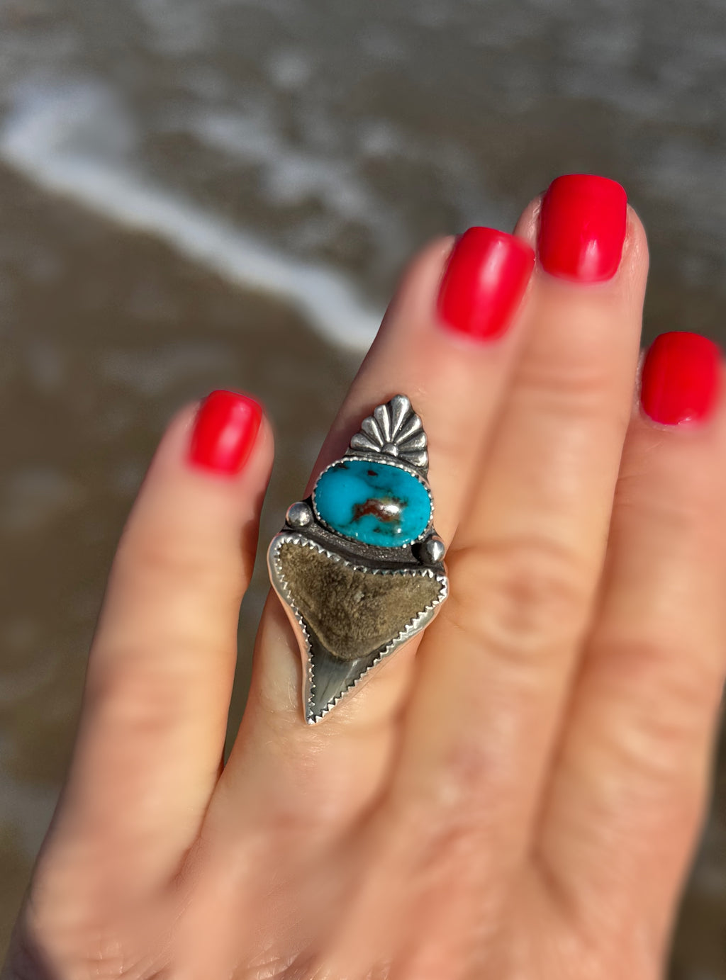 Original Shark Tooth & rare Bisbee Turquoise Statement Ring | Ocean Goddess Ring | Sterling Silver Ring | Coastal Jewelry | Size 6.5