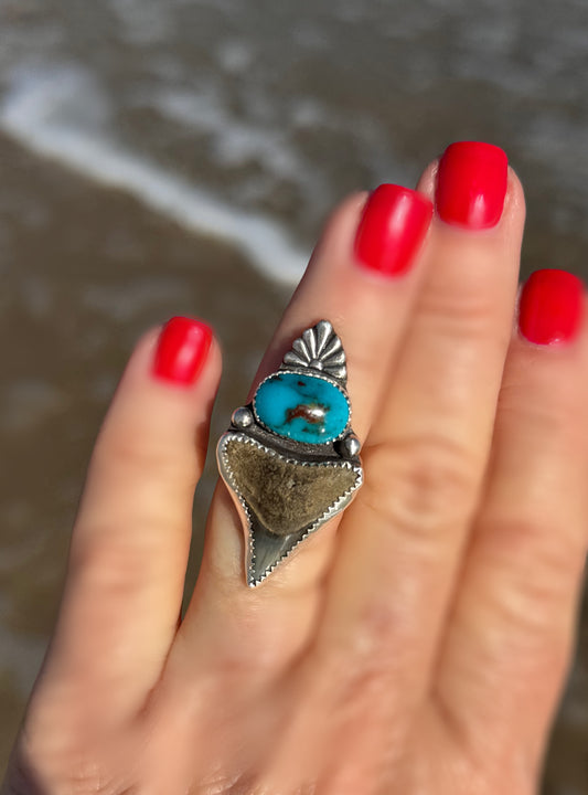 Original Shark Tooth & rare Bisbee Turquoise Statement Ring | Ocean Goddess Ring | Sterling Silver Ring | Coastal Jewelry | Size 6.5