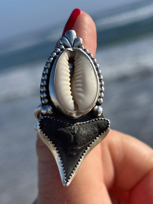 Ocean Goddess Ring | Ocean Talisman Ring – Shark Tooth & Cowrie Shell, Size 8 More Sizes Coming Soon