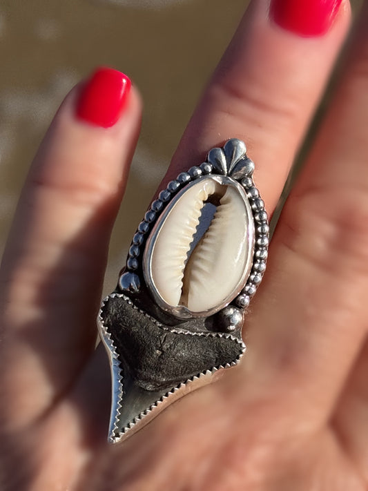 Ocean Goddess Ring | Ocean Talisman Ring – Shark Tooth & Cowrie Shell, Size 8 More Sizes Coming Soon