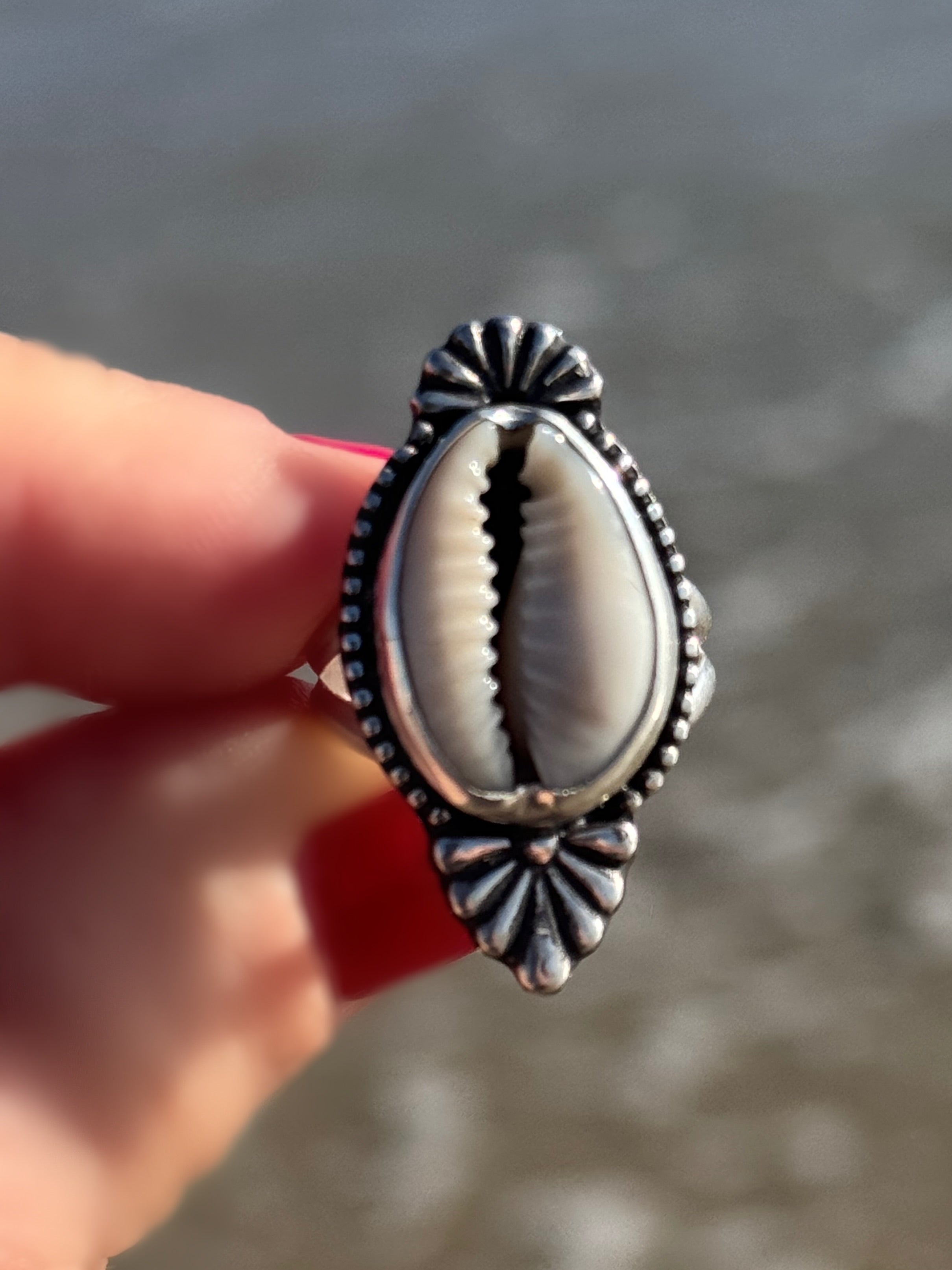 Silver ornate Cowrie shell ring
