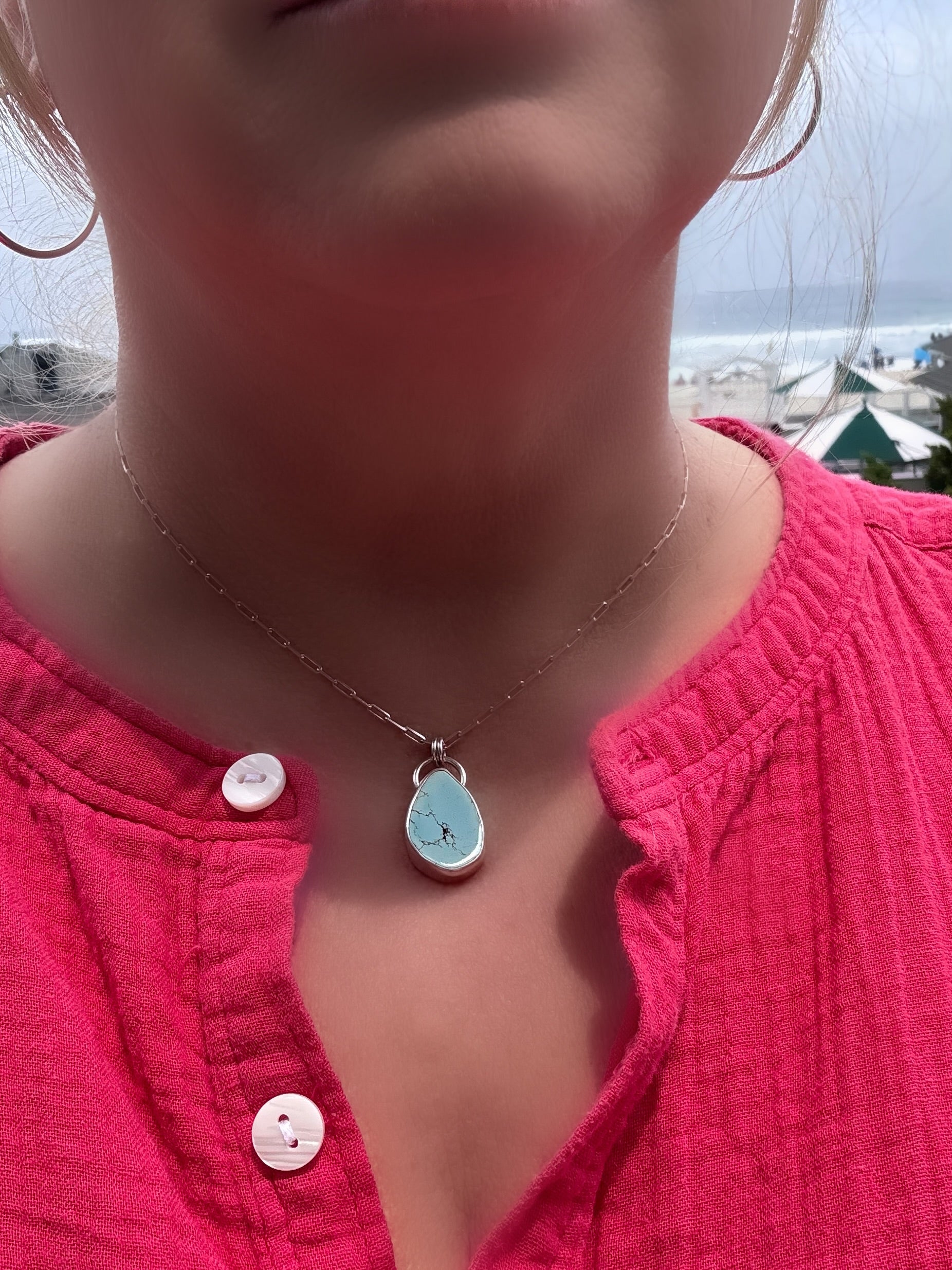 Golden Hills Turquoise Amulet – Fine & Sterling Silver on 18” Sterling Paperclip Chain