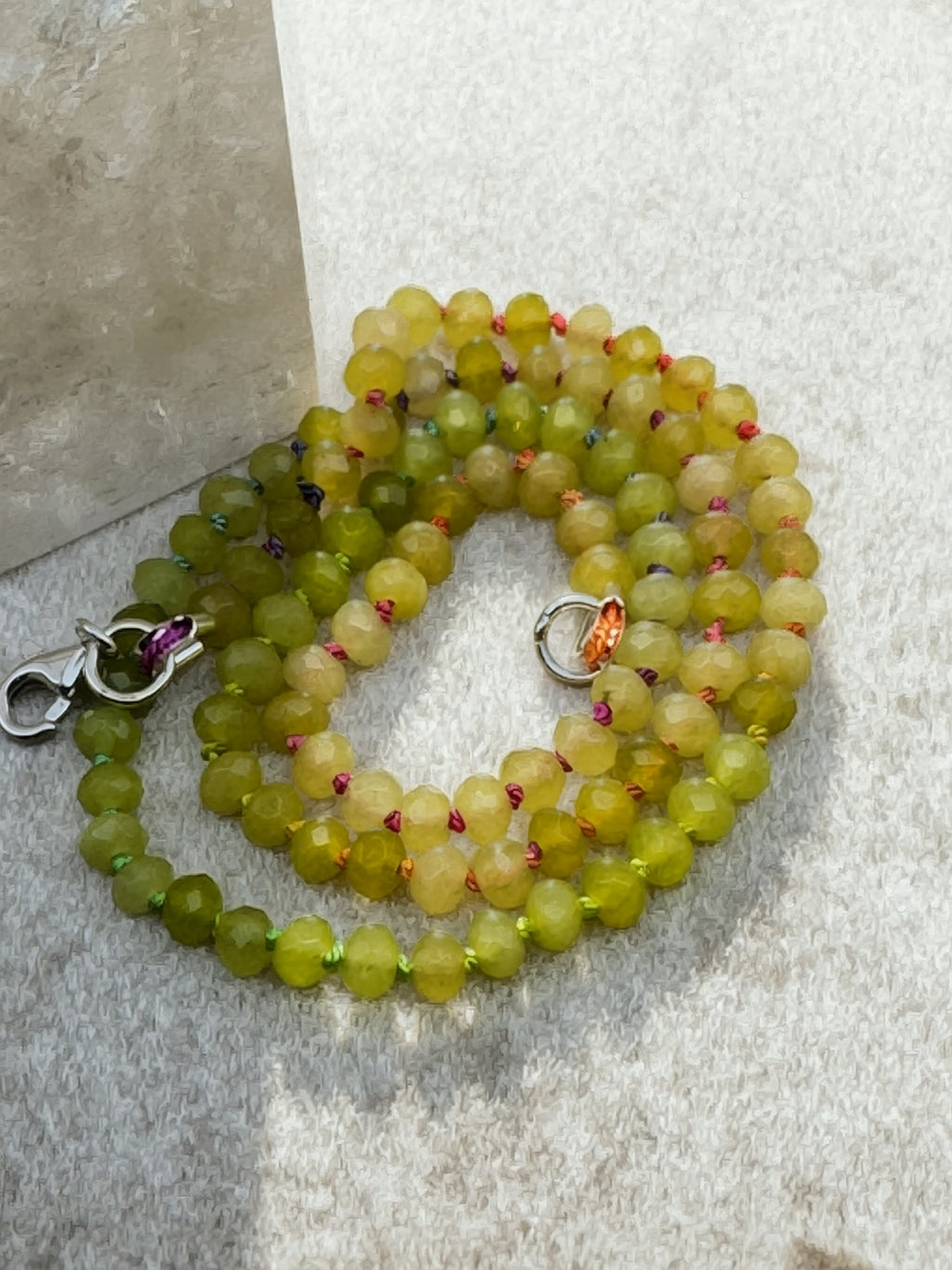 Hand Knotted Green Candy Jade Necklace with Rainbow Silk