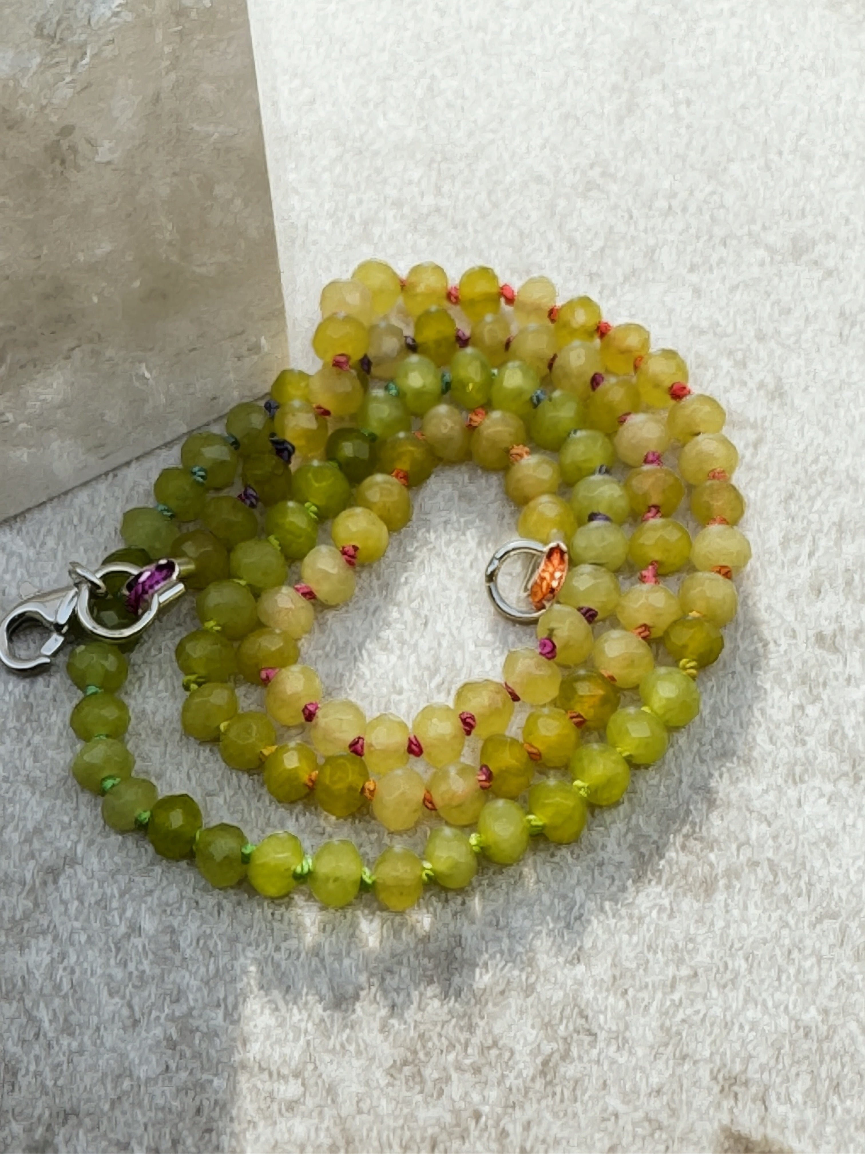 Hand Knotted Green Candy Jade Necklace with Rainbow Silk