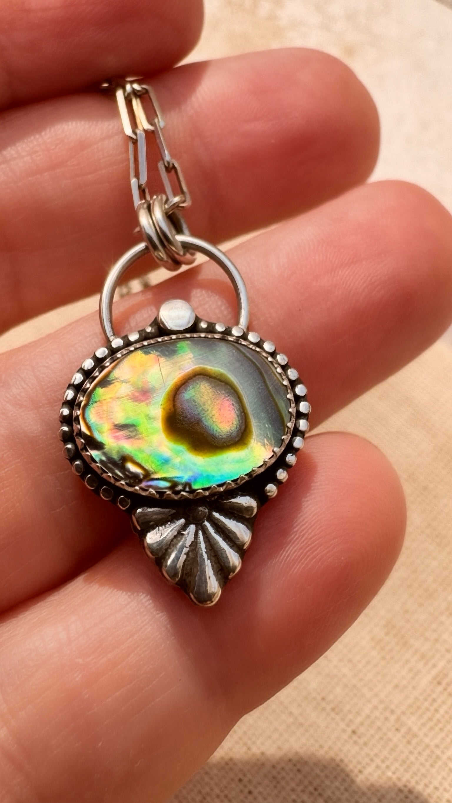 Abalone Shell Pendant Necklace | Fine & Sterling Silver on 16” Paperclip Chain