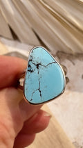 Golden Hills turquoise ring with black spiderweb matrix in sterling silver bezel