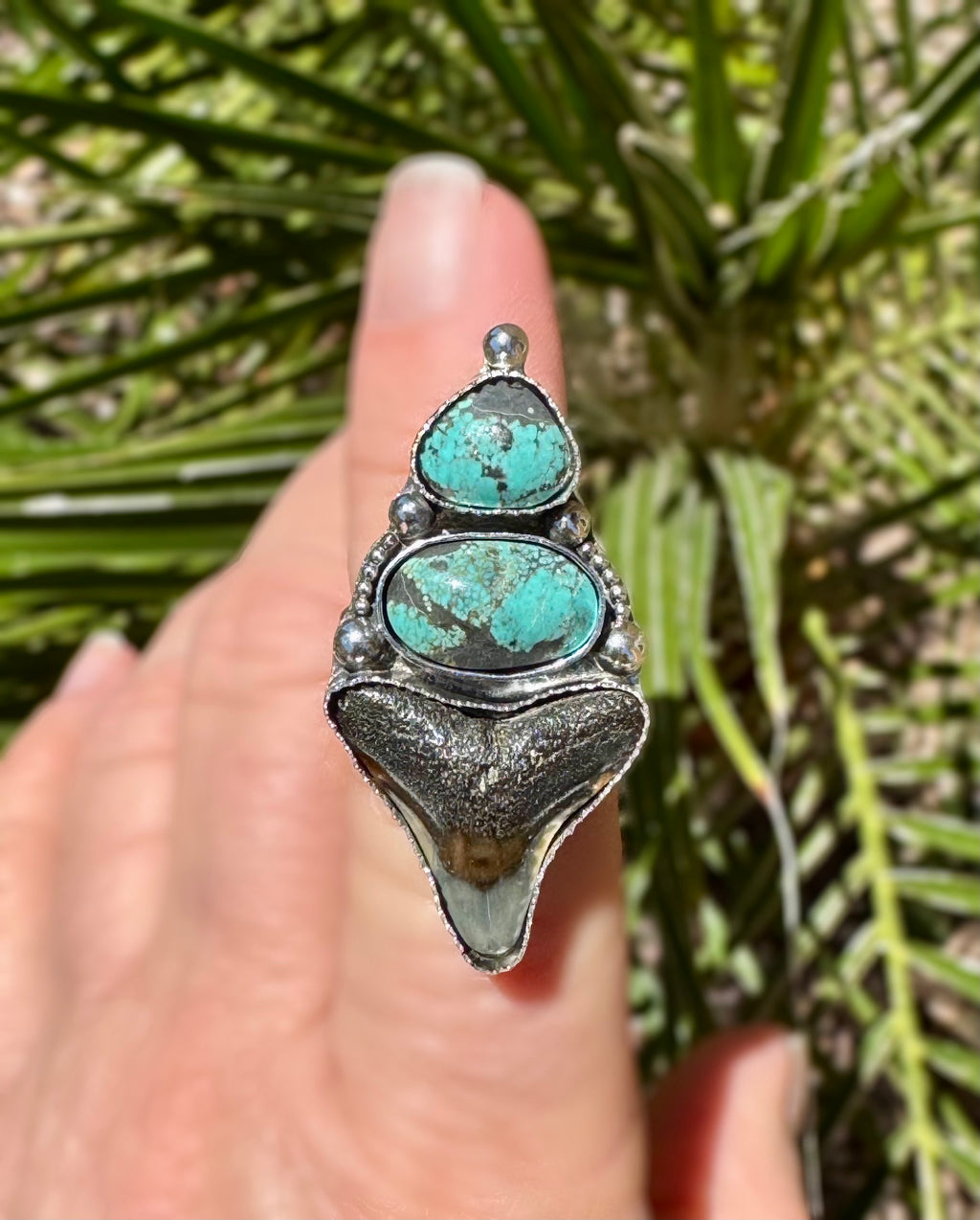 Turquoise, shark tooth and silver ring on a finger with a palm treel background
