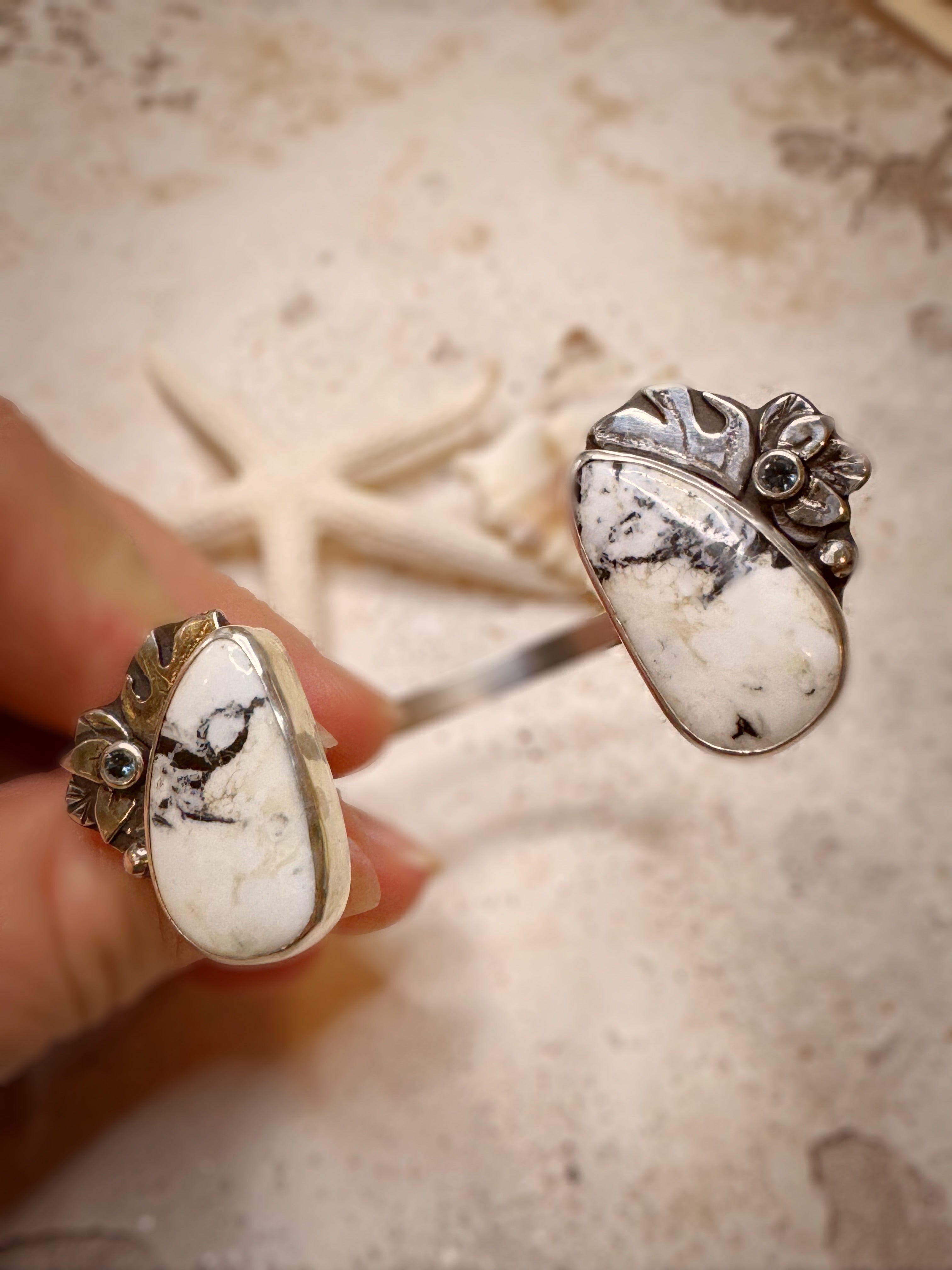 Low Tide Bloom – White Buffalo & Montana Sapphire Botanical Cuff | Salt + Siren Signature |  Sterling Silver Tropical-Inspired Jewelry | Ready to Ship