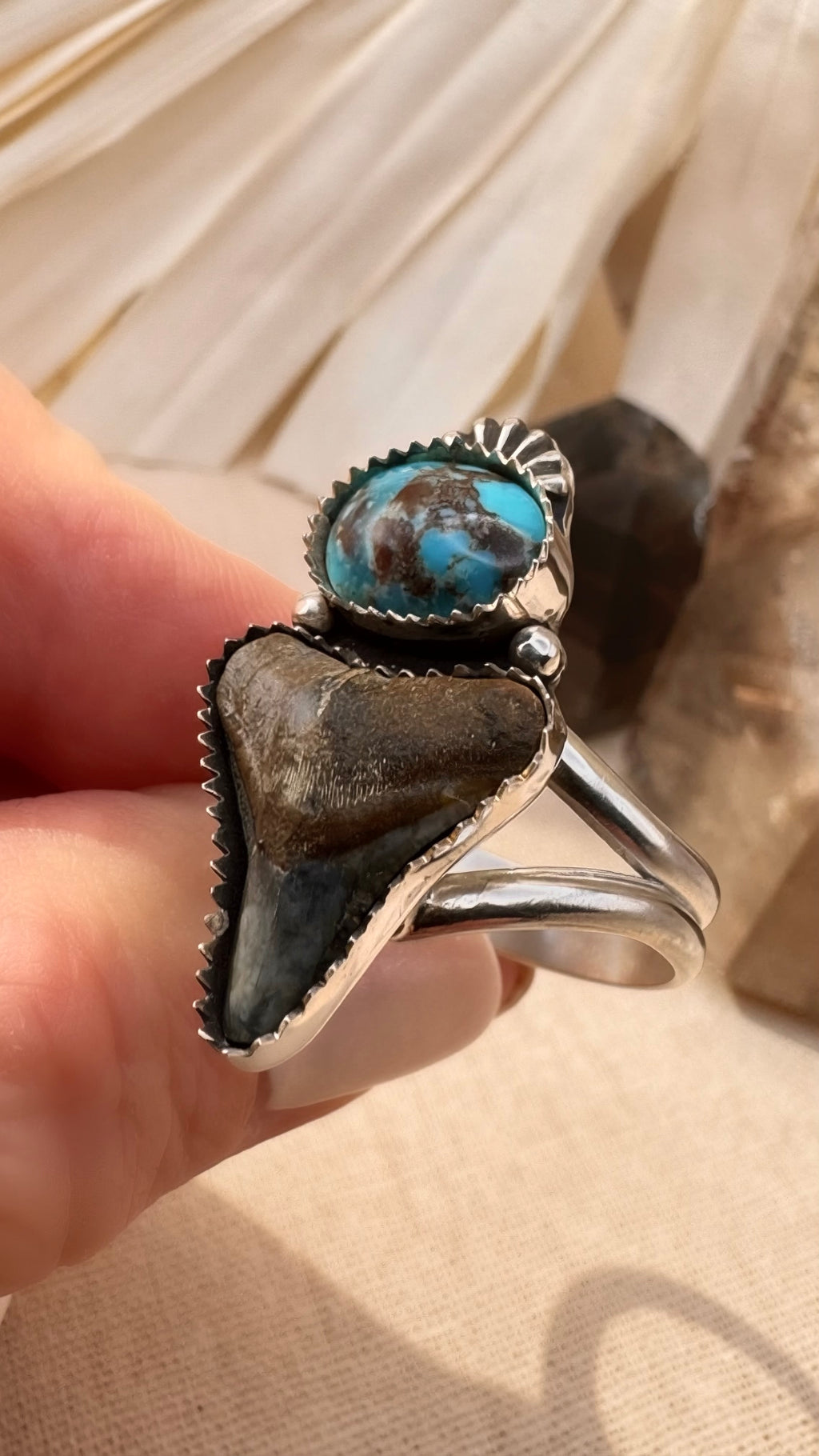 Handcrafted statement ring with electric blue turquoise and fossilized shark tooth