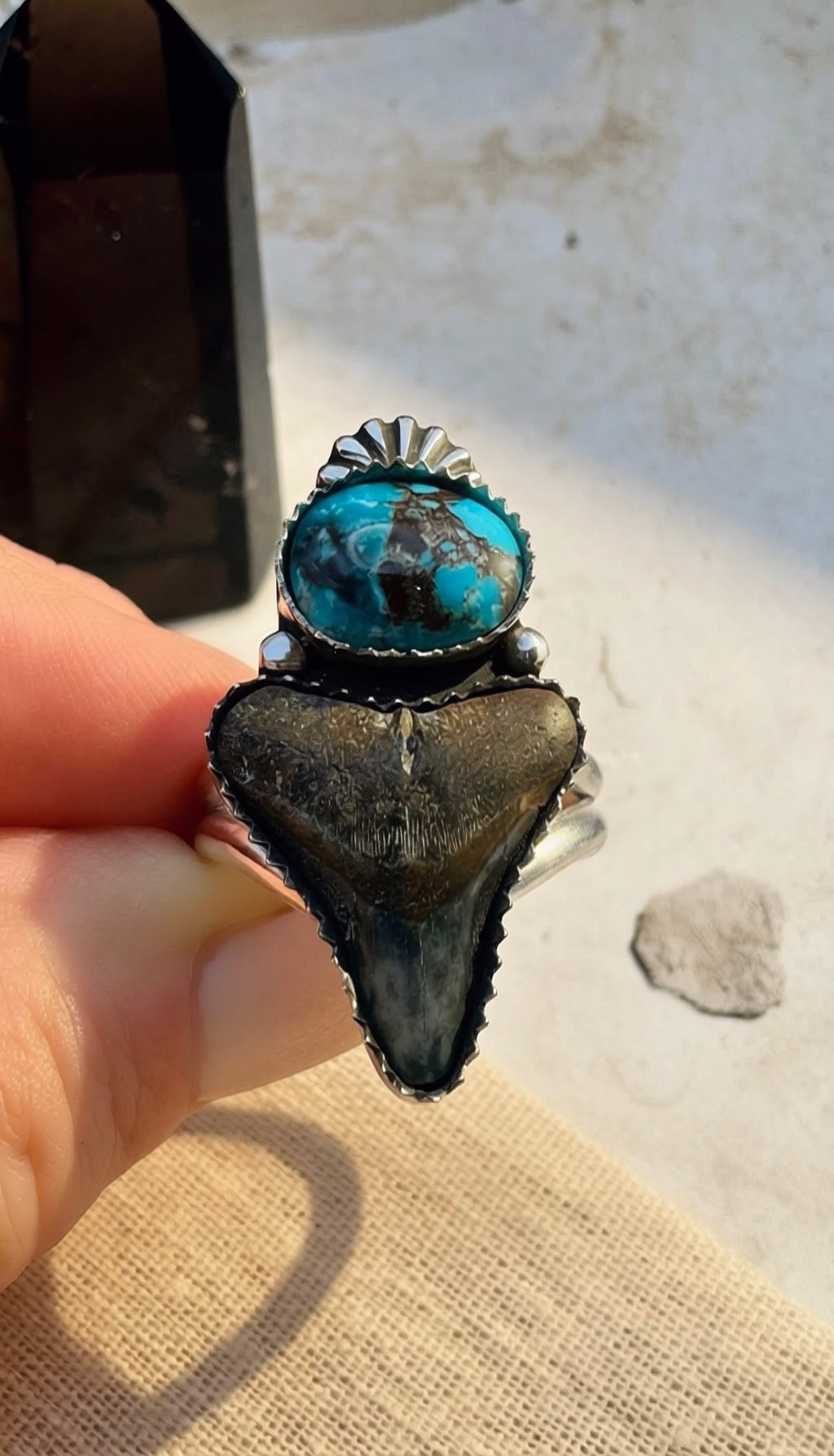 Bisbee Lavender Pit turquoise and shark tooth ring in sterling silver with sunburst crown