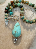 Glacier blue turquoise teardrop pendant in sterling silver bezel setting with natural turquoise rondelle bead strand and charm keeper toggle clasp, Sun Salt Silver Caye Collection