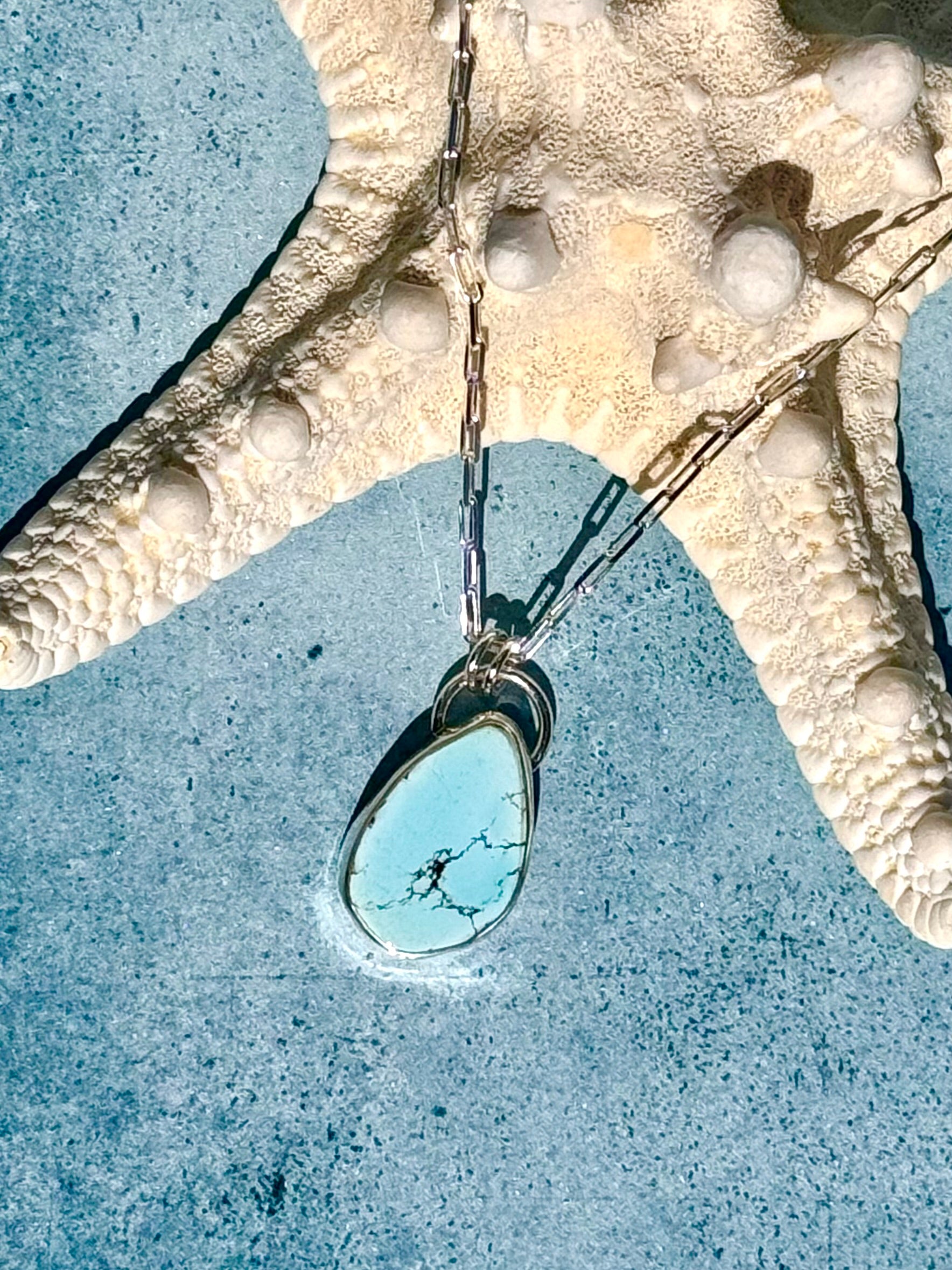 Golden Hills Turquoise Amulet – Fine & Sterling Silver on 18” Sterling Paperclip Chain