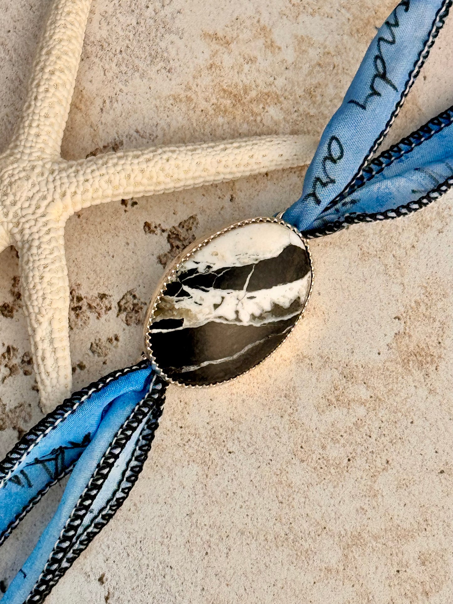 Handmade White Buffalo Turquoise Silk Wrap | Sterling Silver, Multiway Jewelry