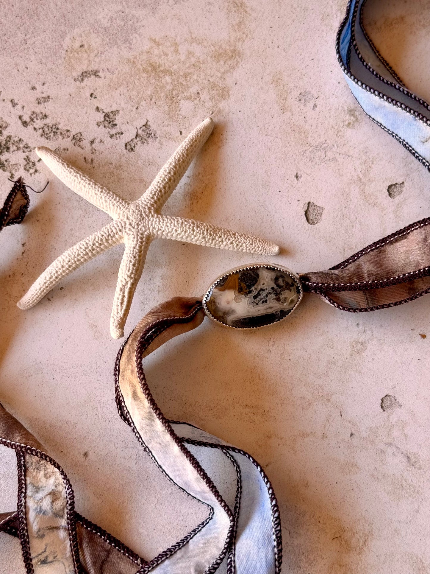 Crazy Lace Agate Silk Wrap Silver Jewelry | Handcrafted Ocean-Inspired Bracelet