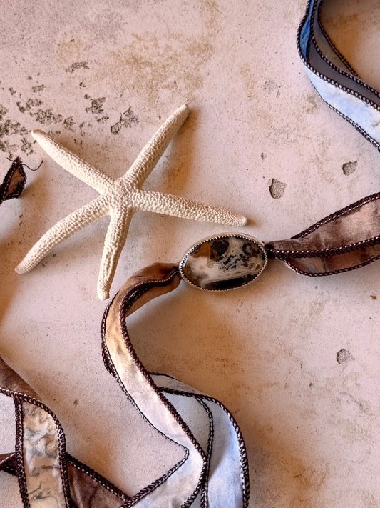 Crazy Lace Agate Silk Wrap Silver Jewelry | Handcrafted Ocean-Inspired Bracelet