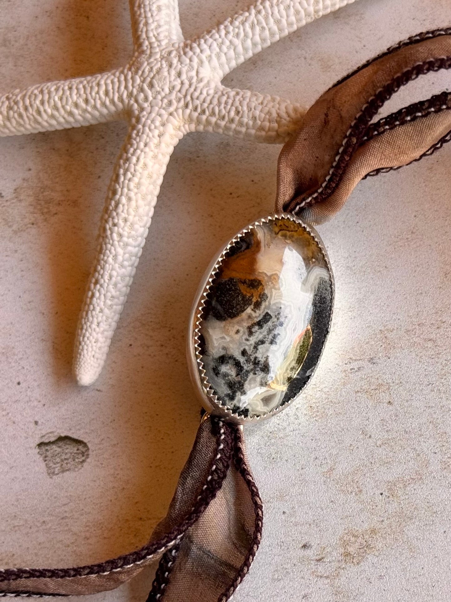 Crazy Lace Agate Silk Wrap Silver Jewelry | Handcrafted Ocean-Inspired Bracelet