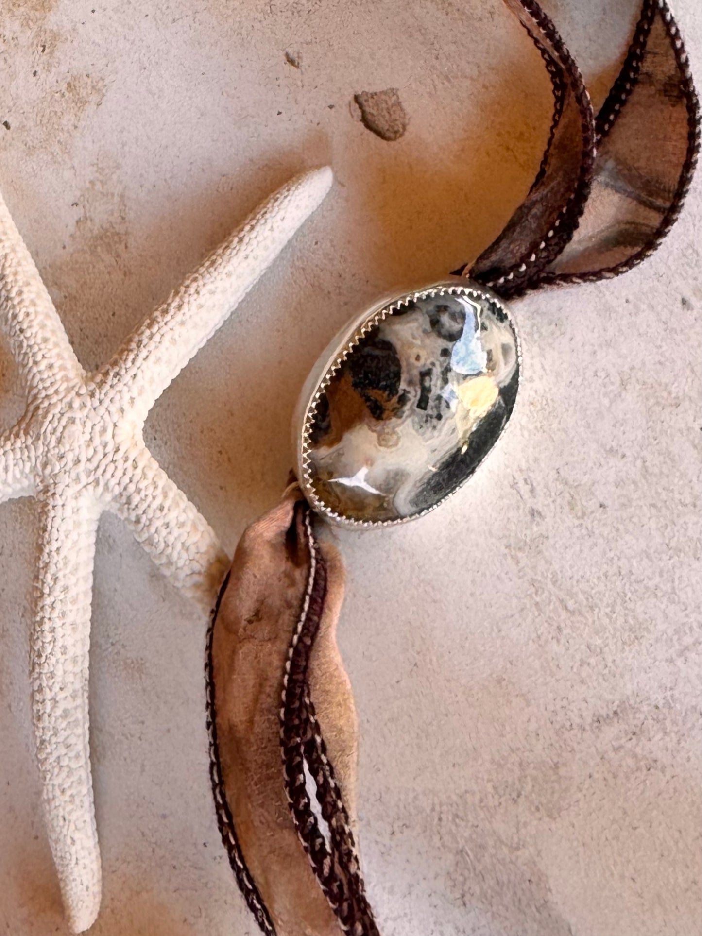 Crazy Lace Agate Silk Wrap Silver Jewelry | Handcrafted Ocean-Inspired Bracelet