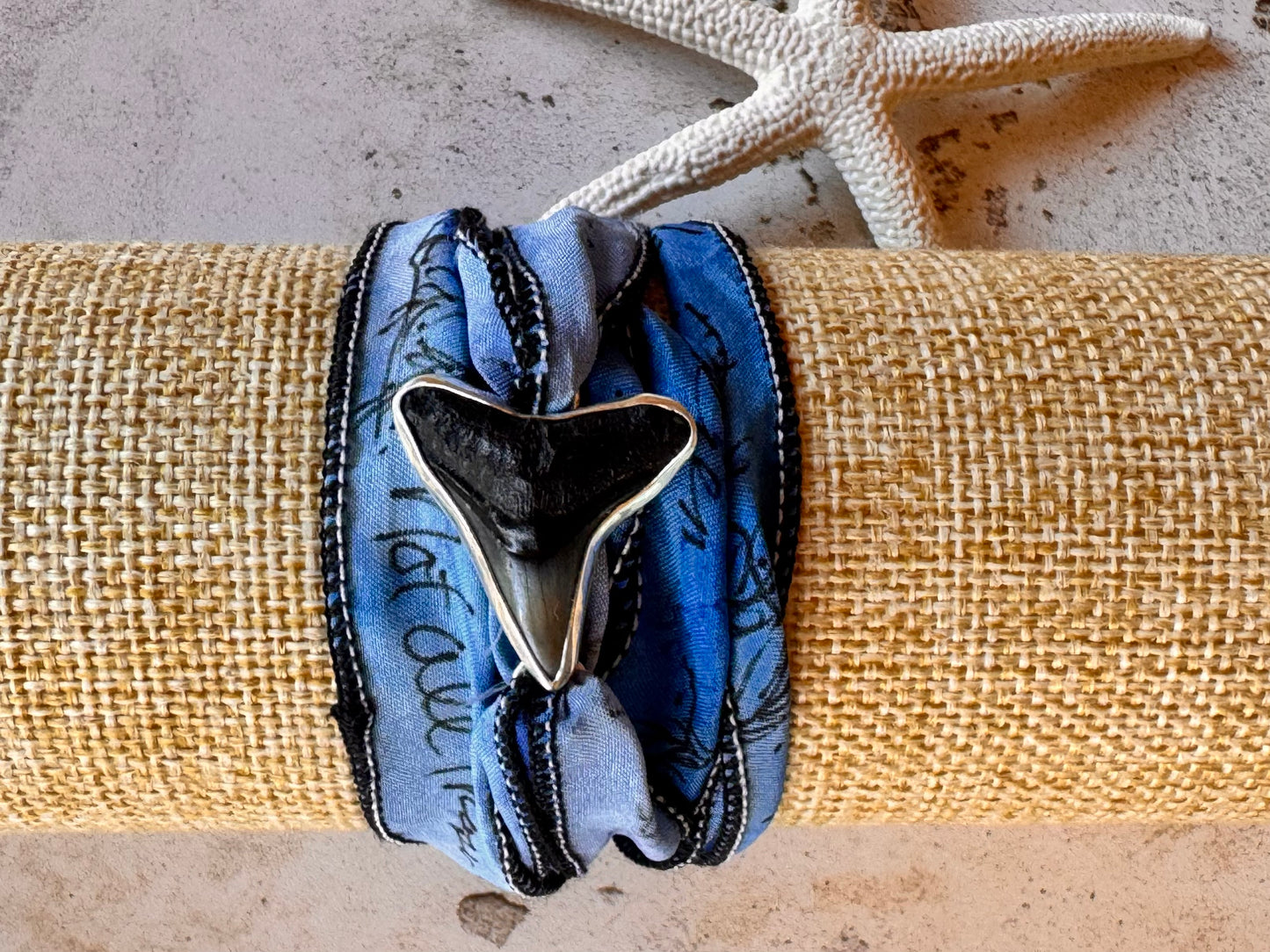 Fossil Shark Tooth Silk Wrap Bracelet | Fine Silver | Tide Relic Jewelry | Ocean Inspired