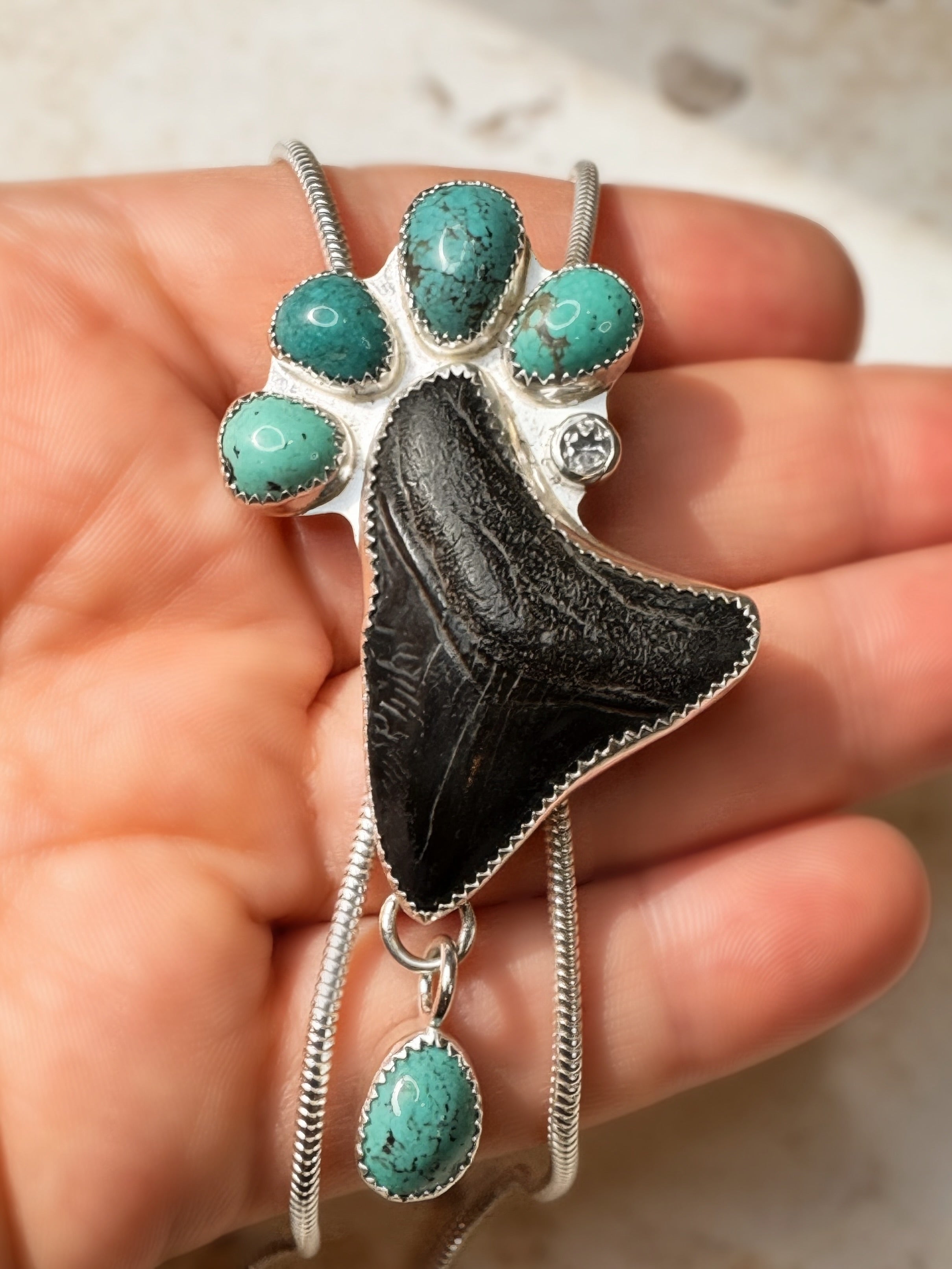 Megalodon Tooth, Turquoise & Topaz Bolo Necklace (One of a Kind) | Sterling and Fine Silver Statement Necklace | Abysskeeper