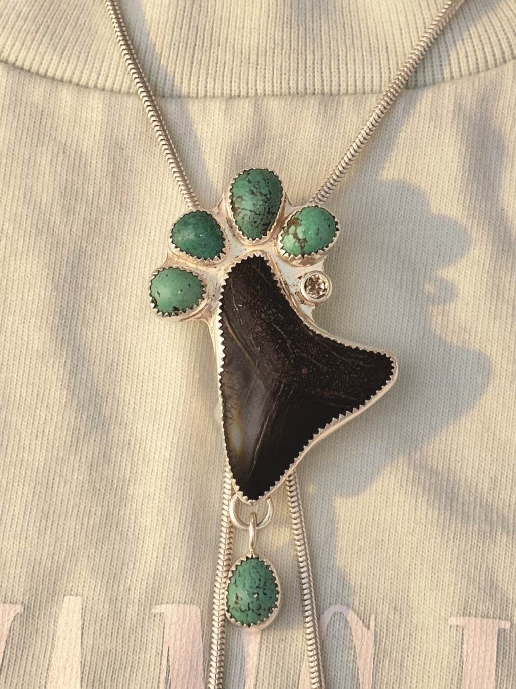 Megalodon Tooth, Turquoise & Topaz Bolo Necklace (One of a Kind) | Sterling and Fine Silver Statement Necklace | Abysskeeper